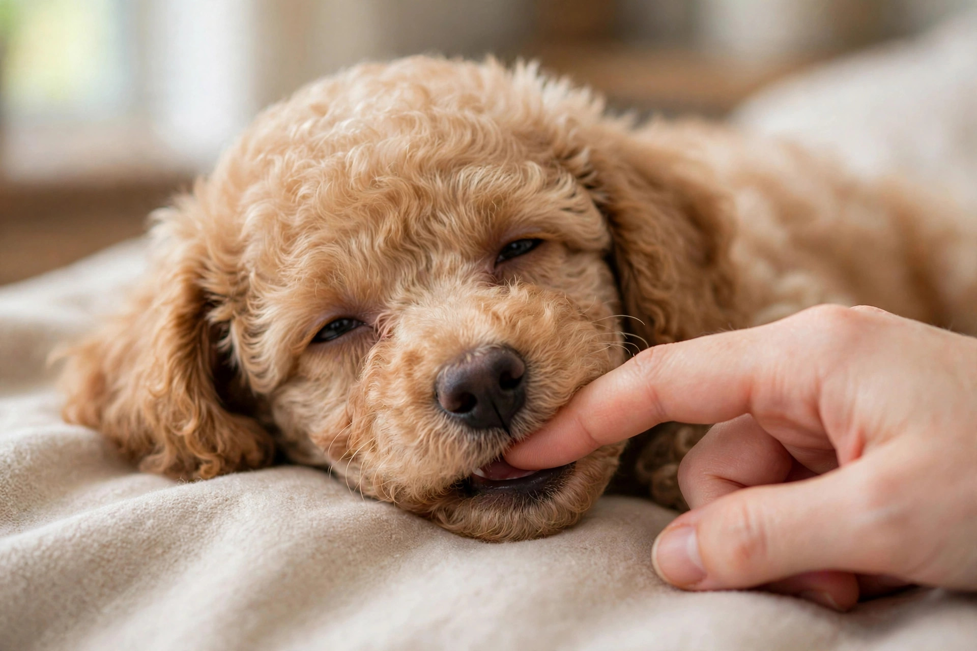 Owner's finger gently massaging a poodle puppy's gums