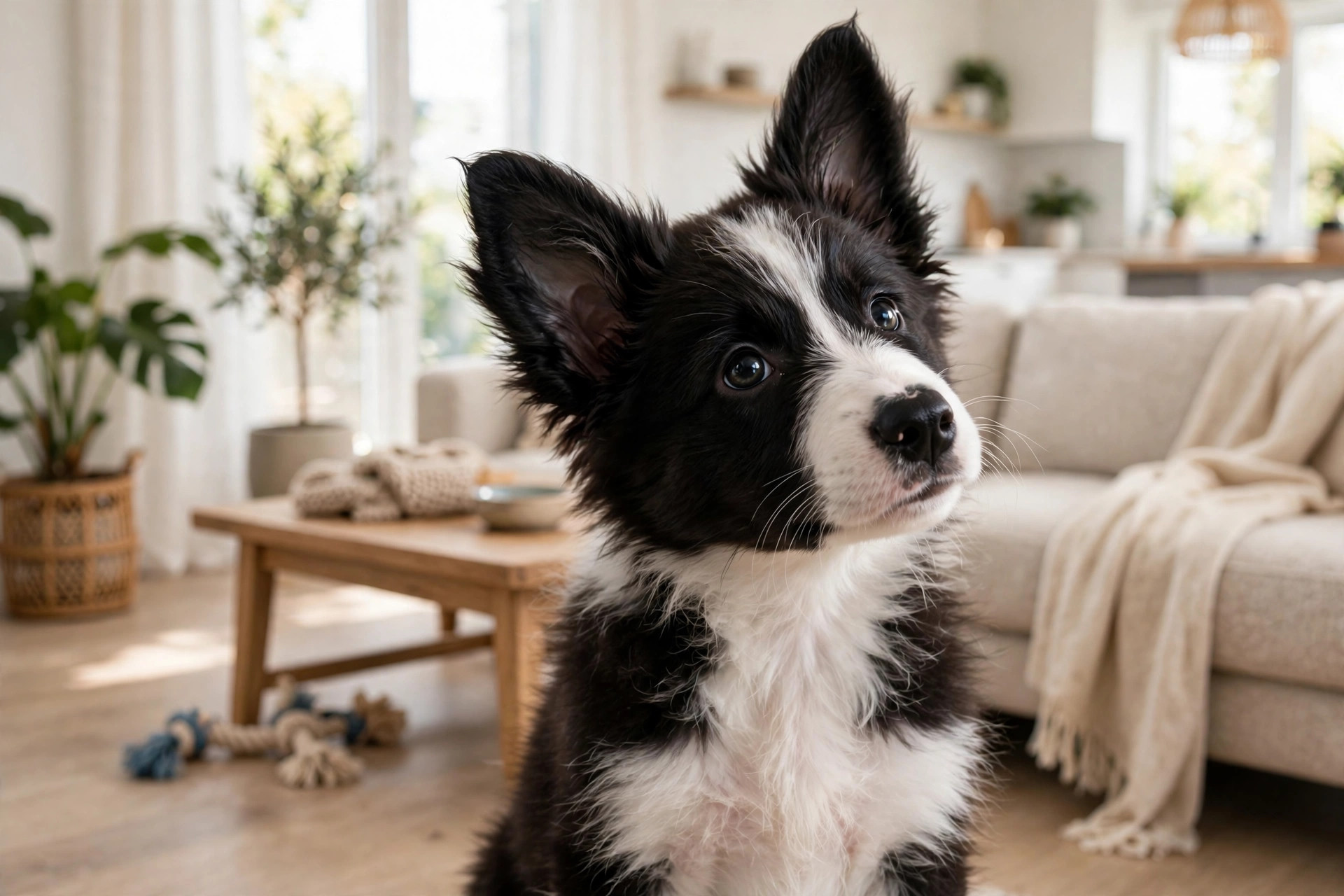 Border collie puppy with perked ears listening intently with head tilted