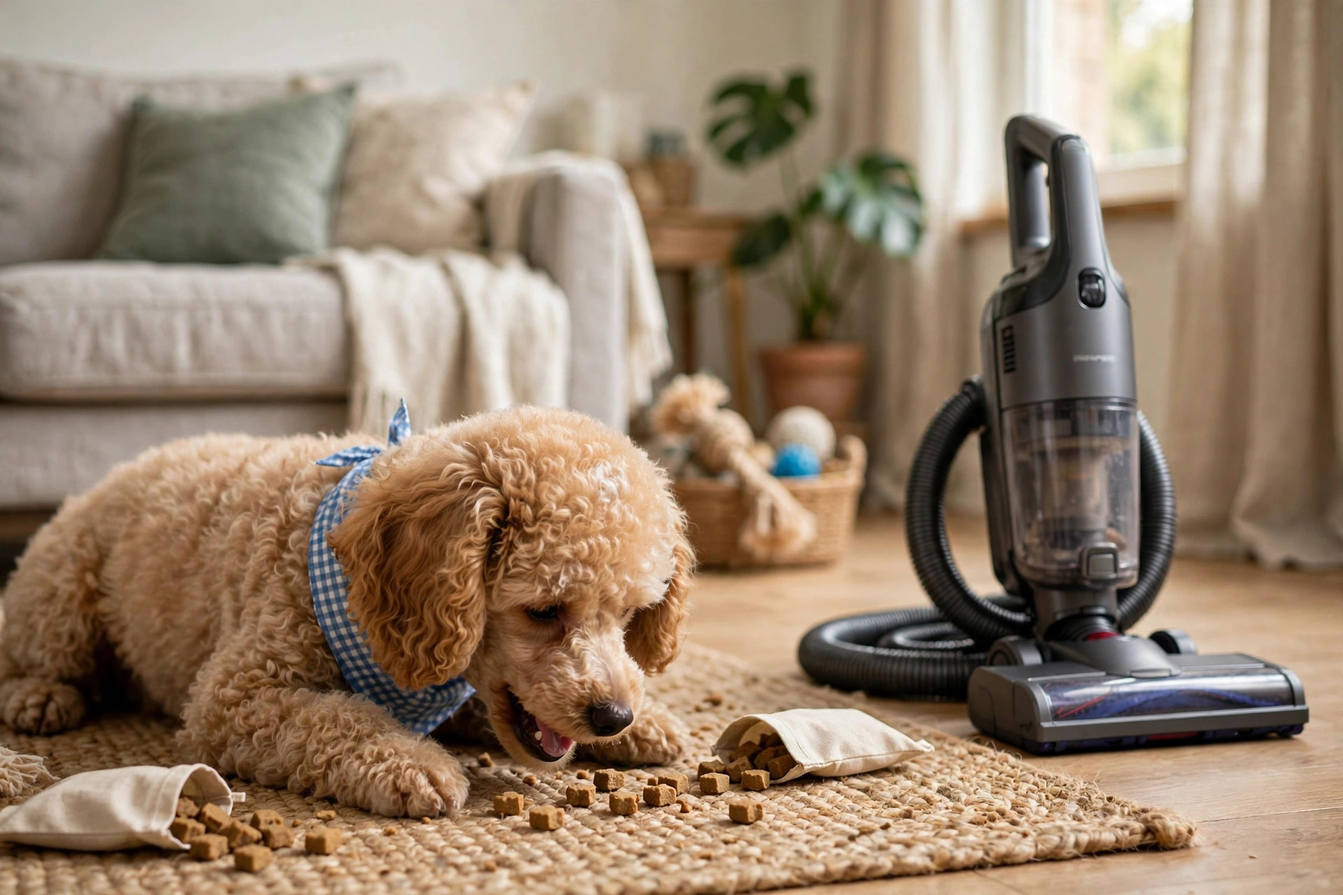 Poodle puppy happily eating treats next to a turned-off vacuum cleaner