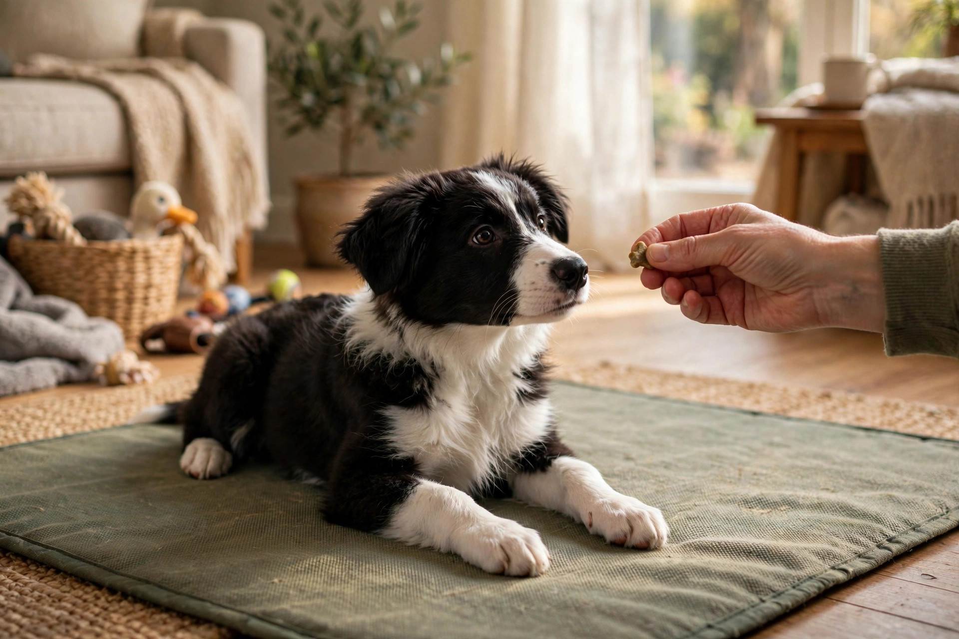 Owner giving a treat to a relaxed puppy lying on a training mat