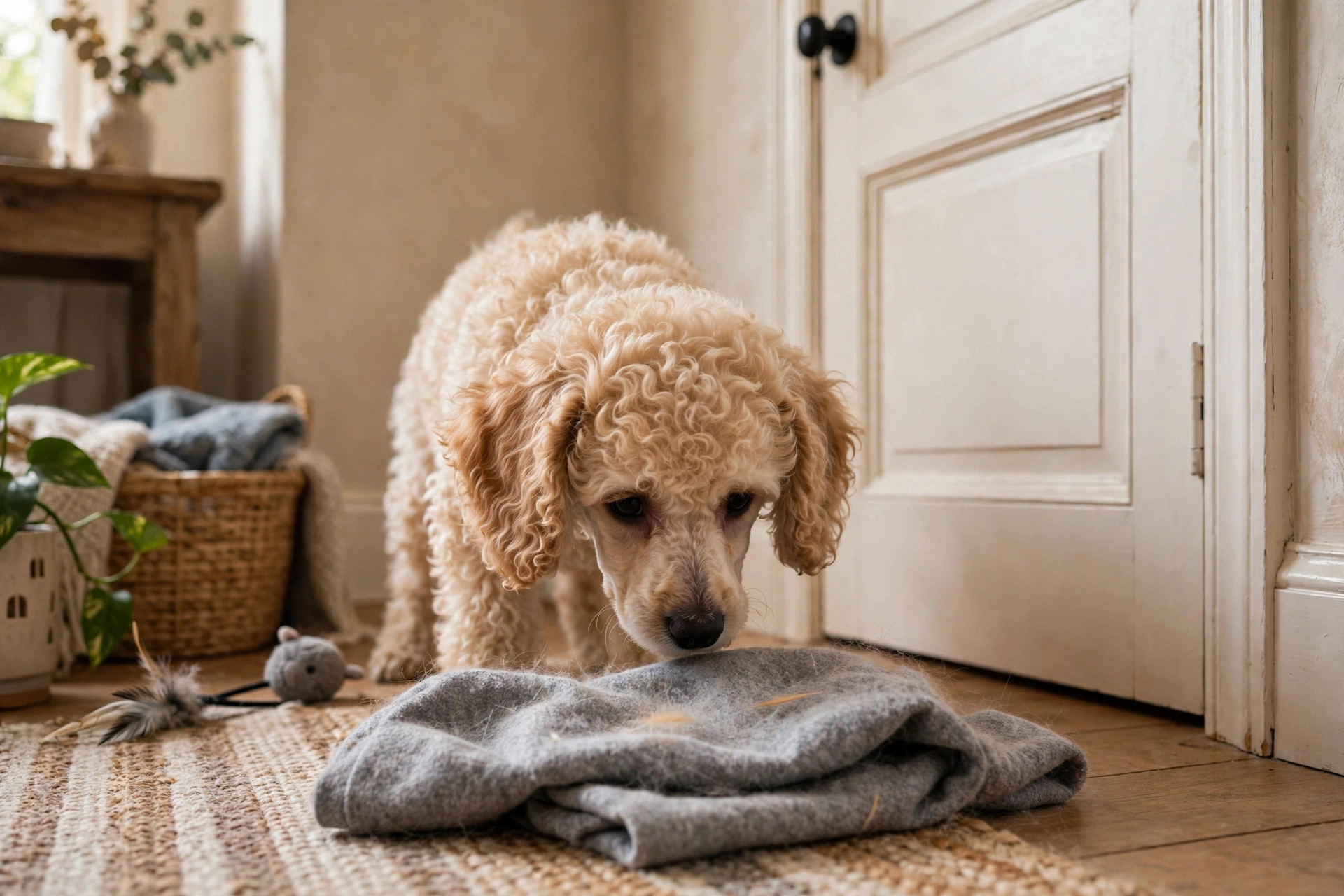 Poodle puppy sniffing a cloth with cat scent near a closed door