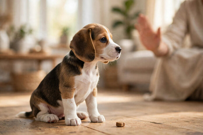 Beagle puppy practicing 'leave it' by looking away from a treat on the floor