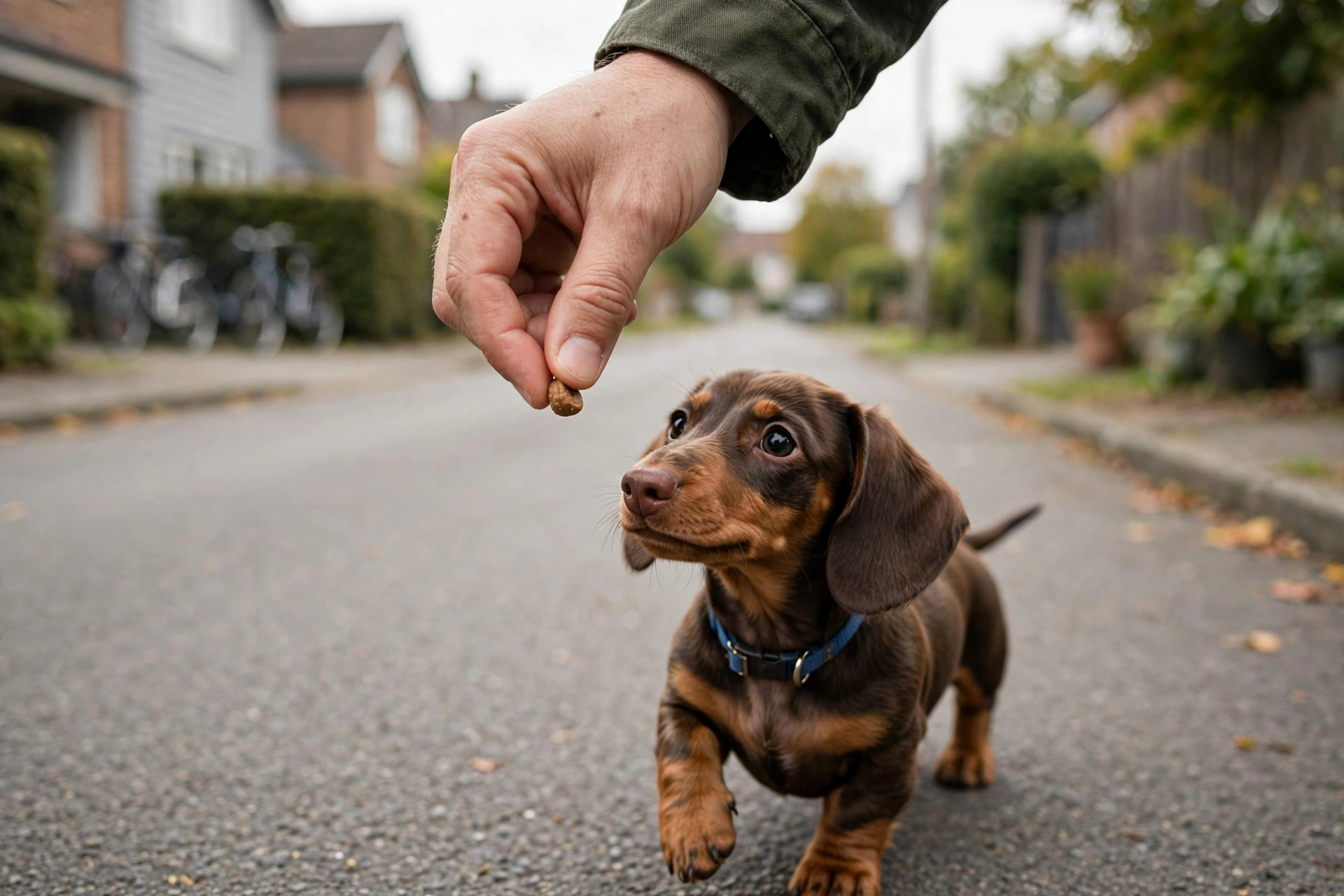 Owner's hand luring a dachshund puppy forward with a treat