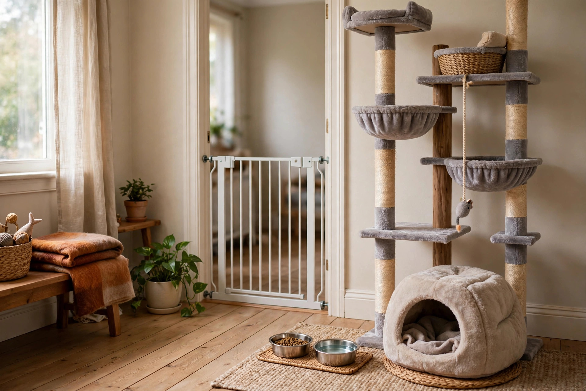 Cat safe room with tall cat tree, hiding bed, and baby gate