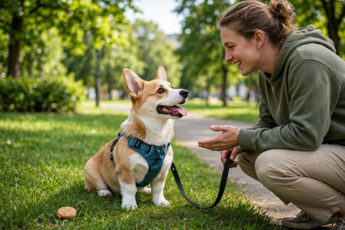 Corgi puppy on a leash ignoring food on the grass during outdoor leave it proofing