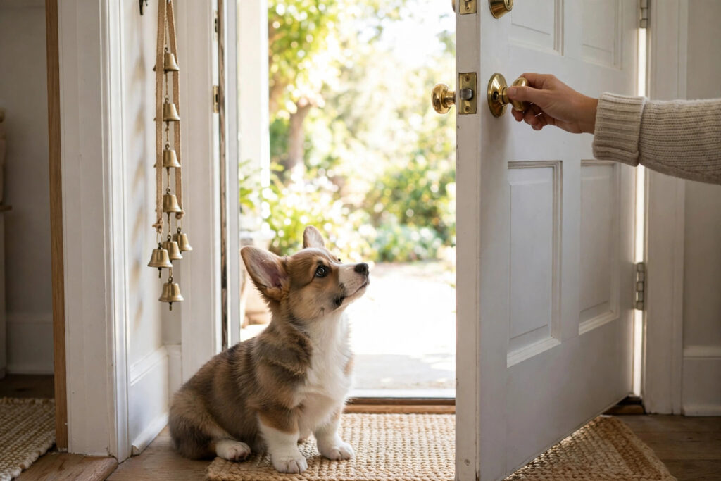 Owner opening the door after puppy rings the potty bell