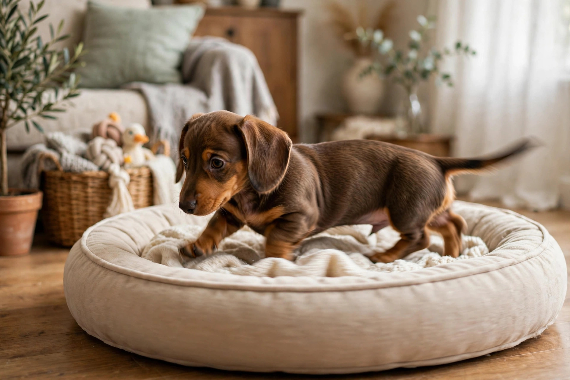 Beagle puppy performing the scratch-circle-flop bedtime ritual
