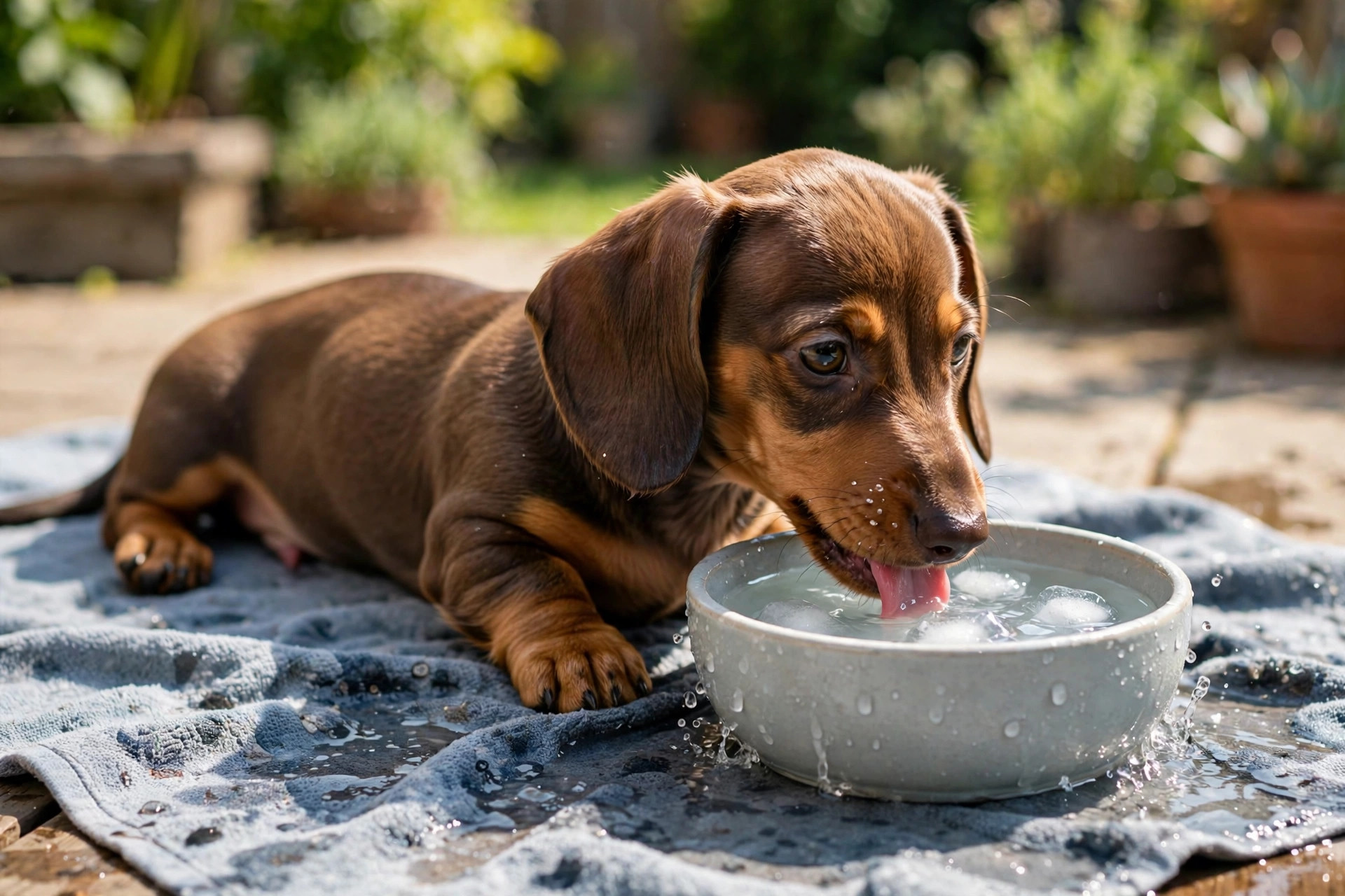 Dachshund puppy drinking cool water and lying on a damp towel