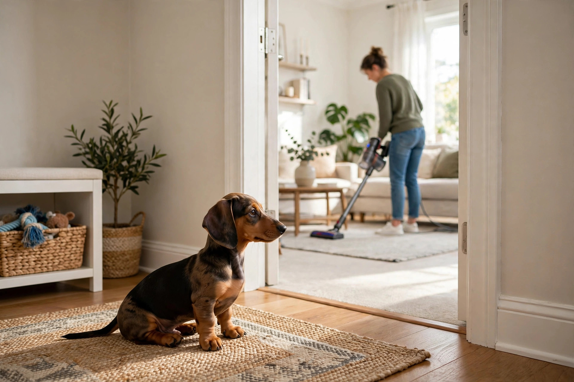 Dachshund puppy sitting calmly at a distance watching an owner vacuum in another room