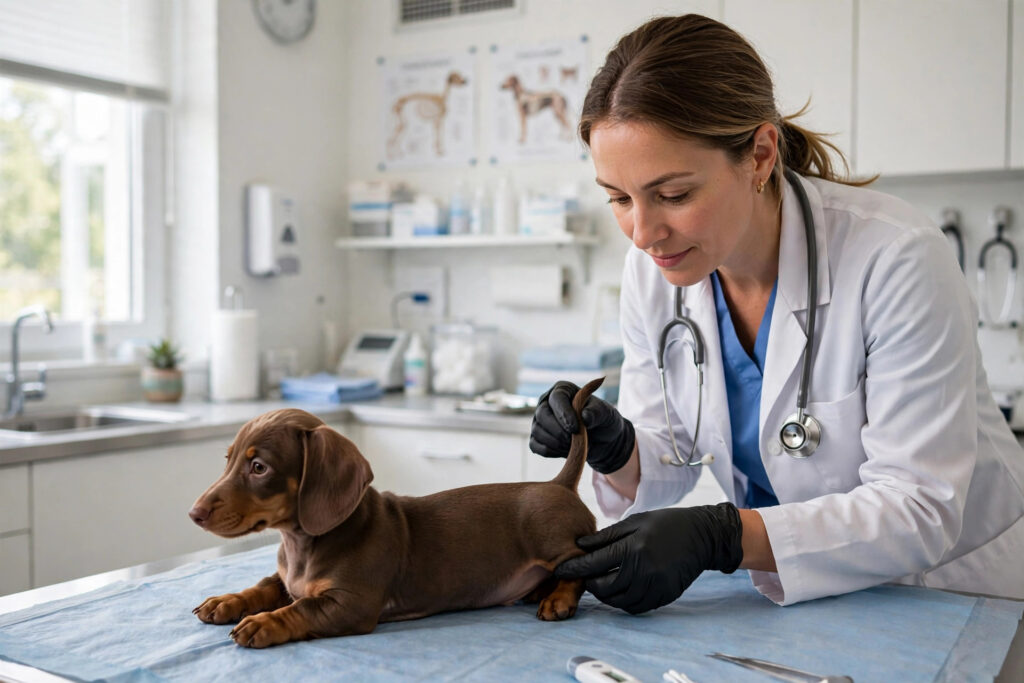 Veterinarian gently examining a dachshund puppy's tail in a vet clinic