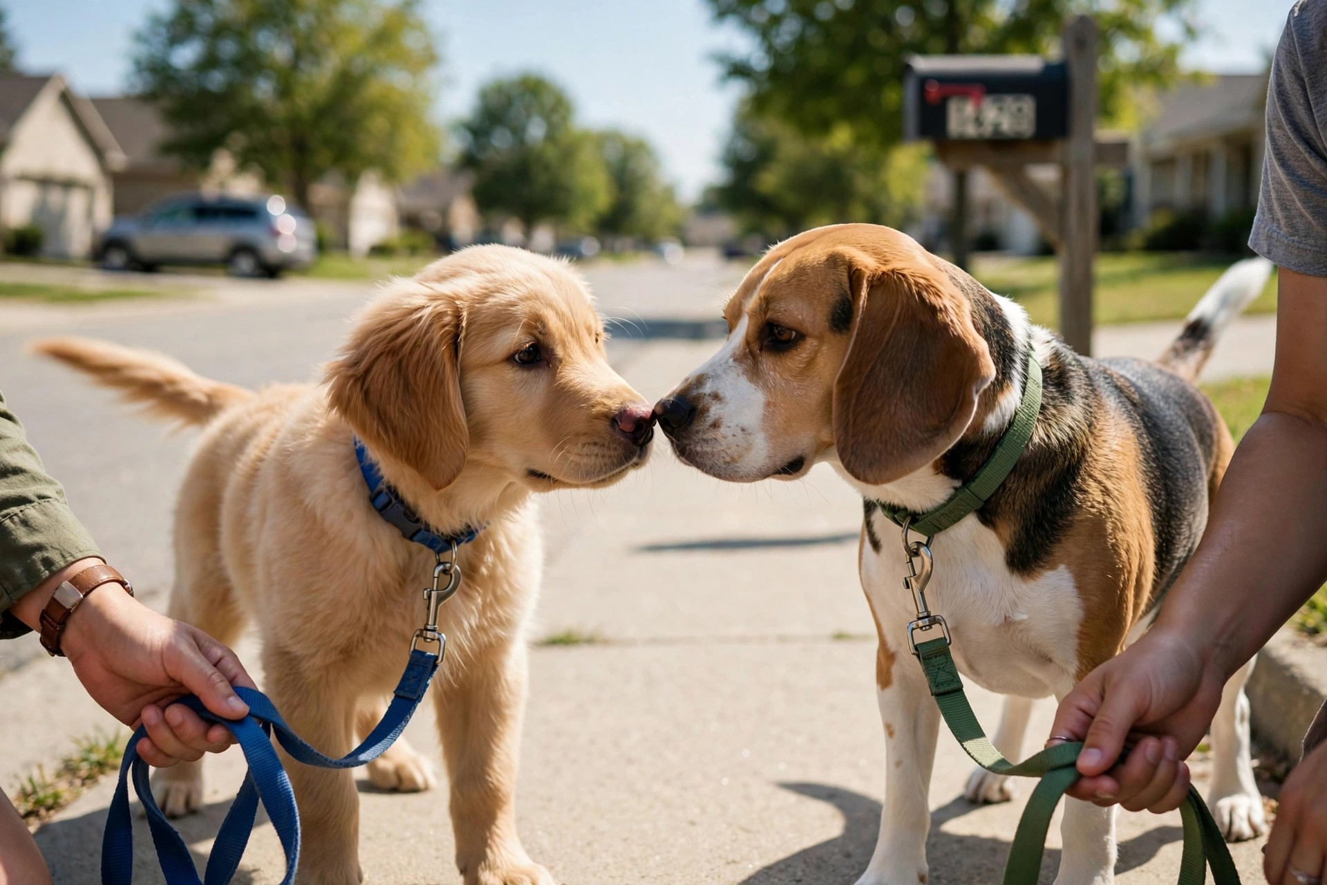 Two dogs greeting politely on loose leashes