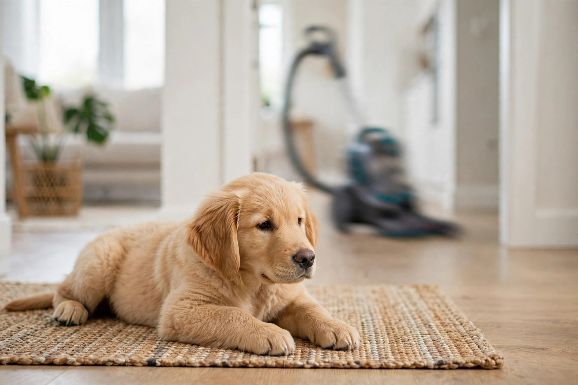 Golden retriever puppy lying calmly on a mat in another room while a vacuum runs in the distance