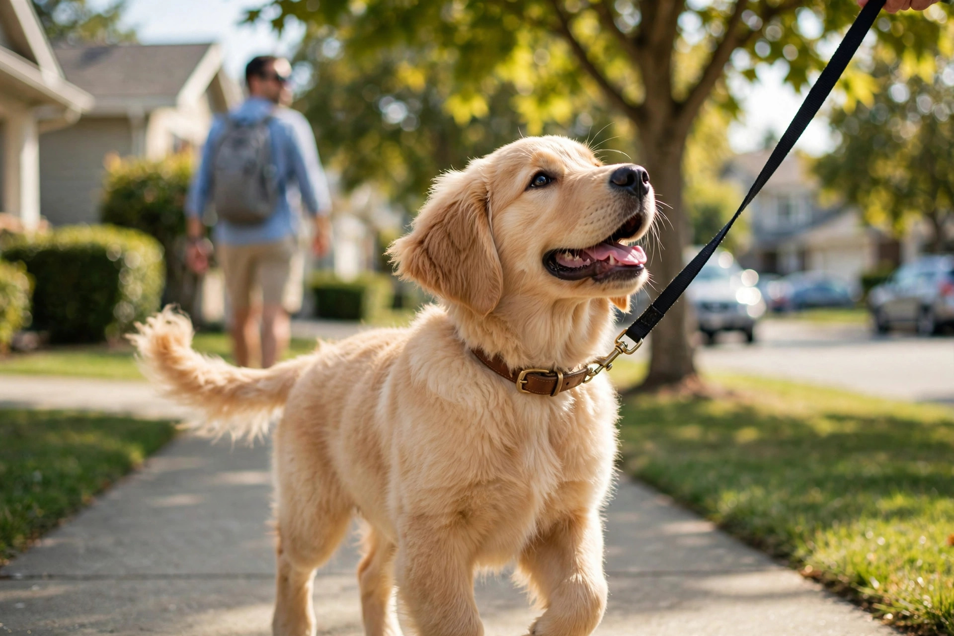 Calm puppy walking past a stranger on a sidewalk