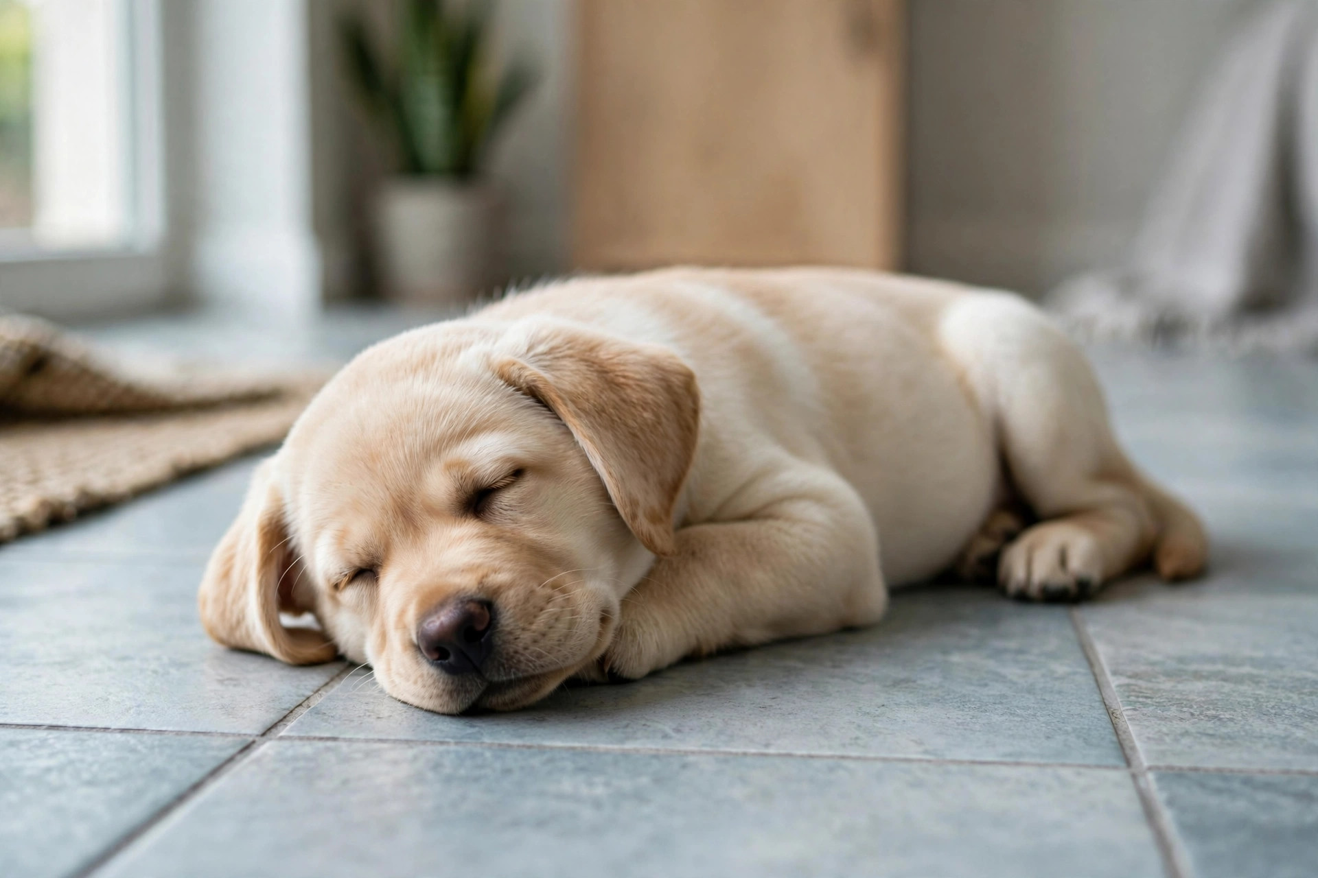 Calm labrador puppy resting peacefully on a cool tile floor