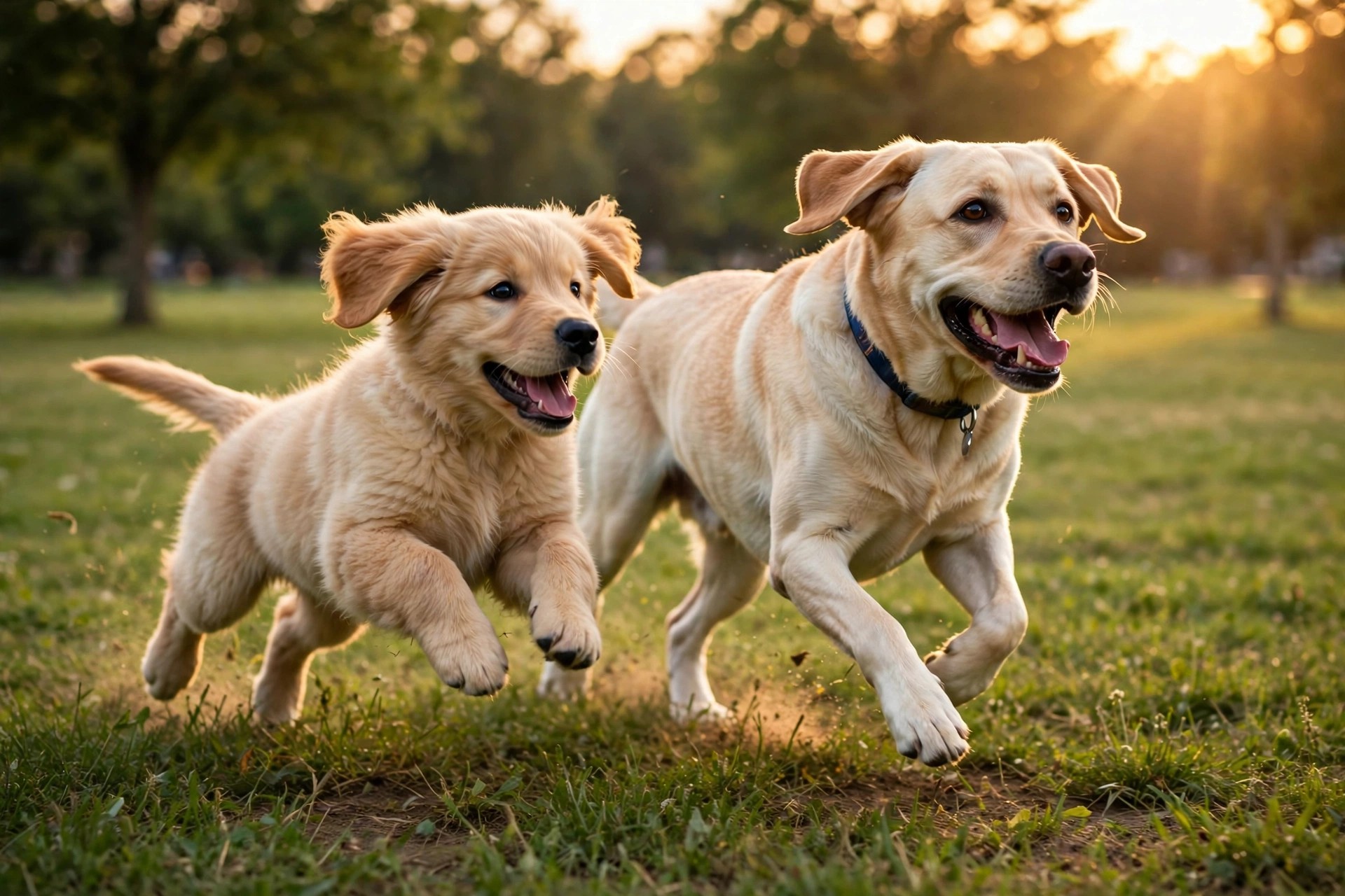 Confident happy puppy playing with another dog in the park