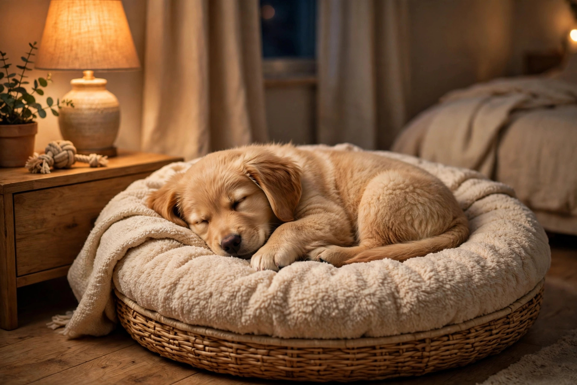 Golden retriever puppy sleeping peacefully curled up on a cozy round dog bed