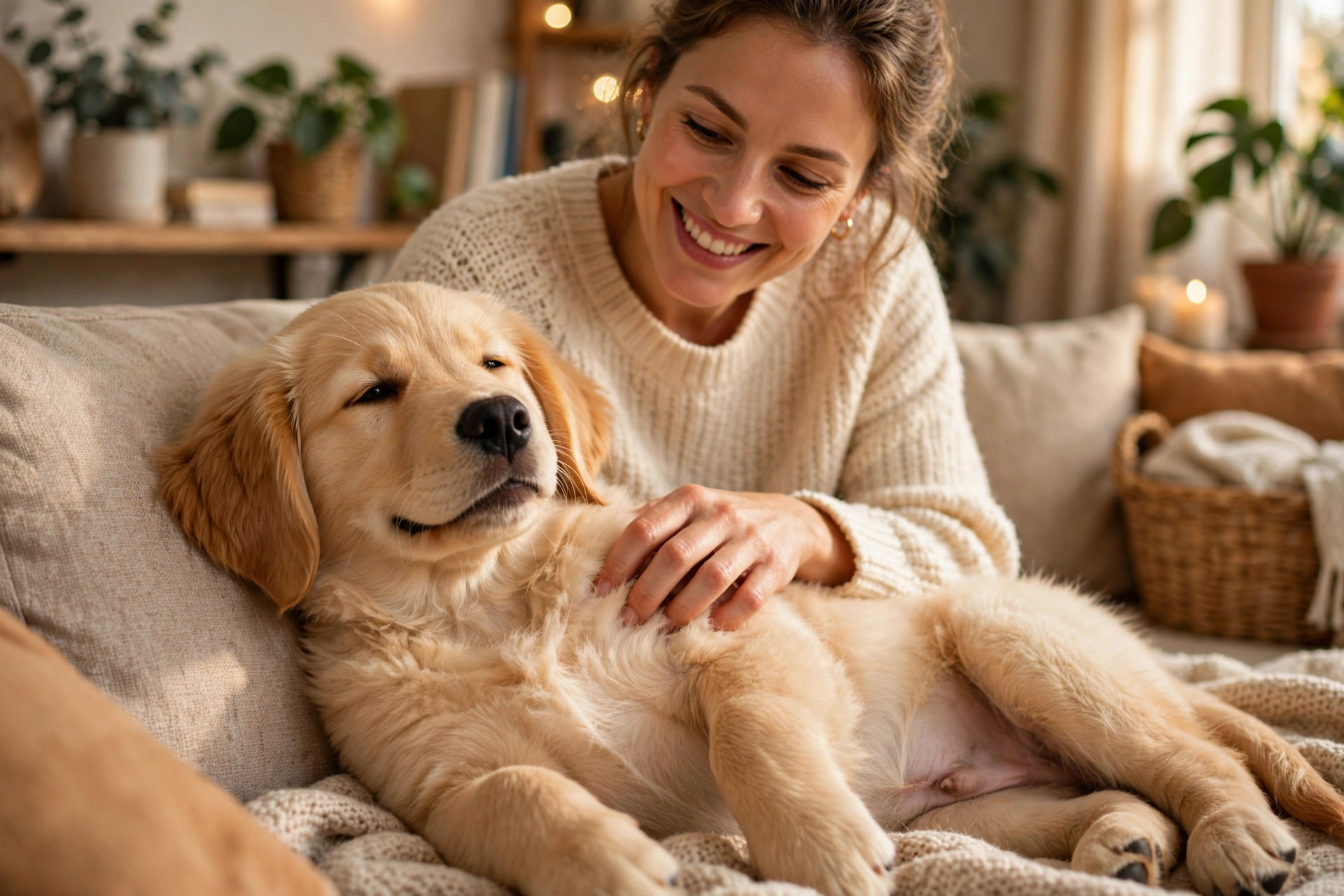 Happy golden retriever puppy enjoying gentle chest scratches