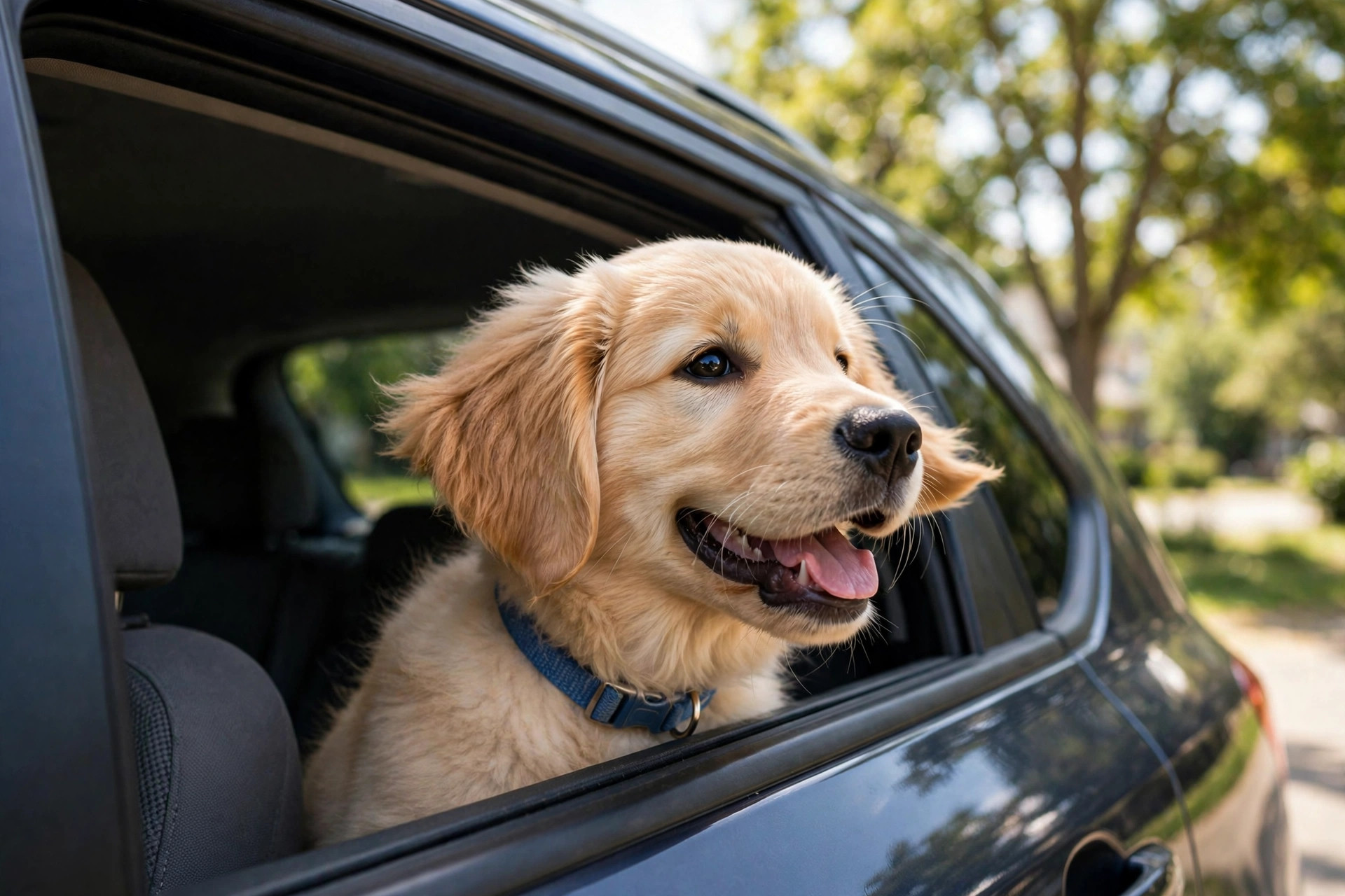 Happy golden retriever puppy with head out of a parked car window