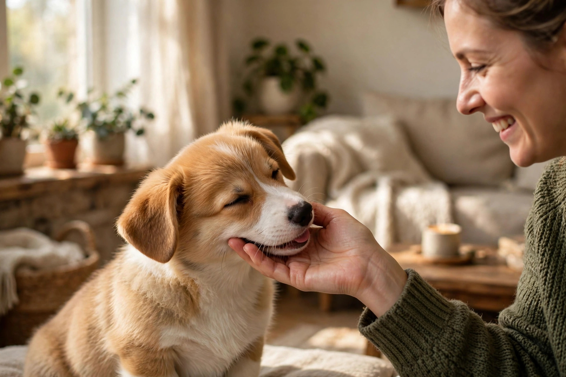 Corgi puppy with a slight head tilt nuzzling its owner's hand