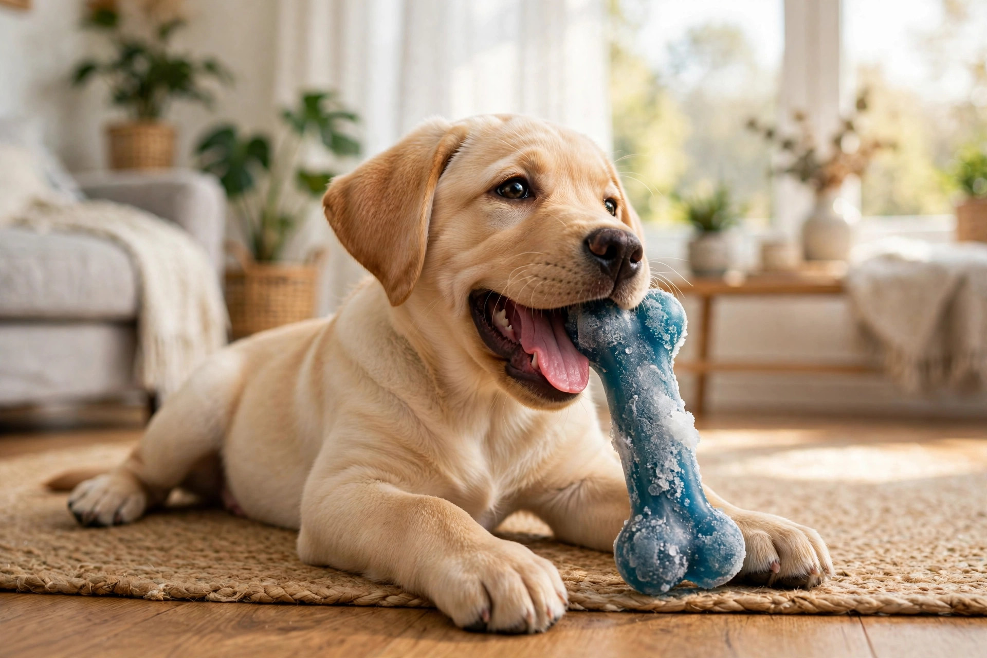 Happy labrador puppy chewing contentedly on a frozen chew toy