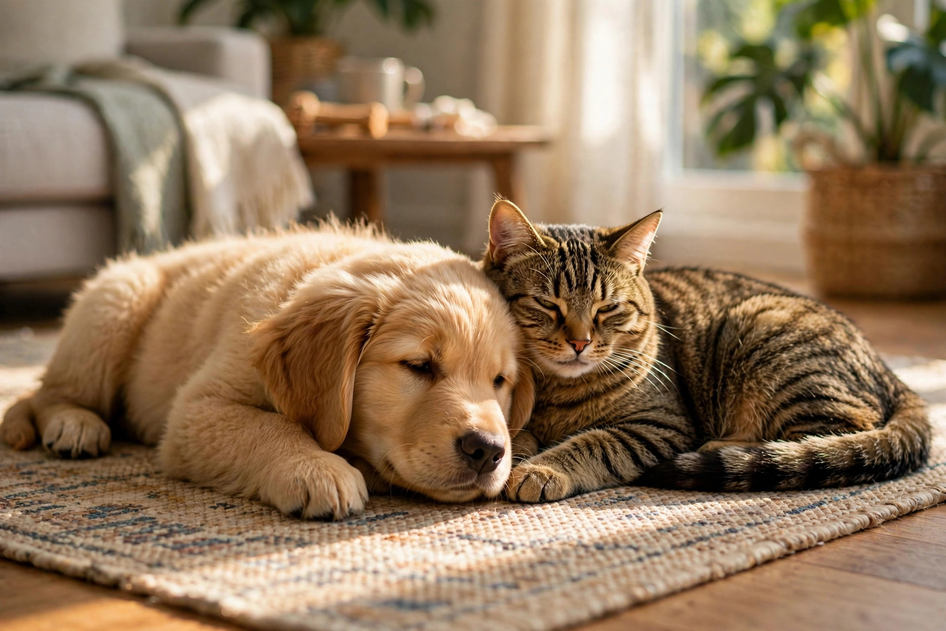 Golden retriever puppy and tabby cat peacefully sharing a sunny rug