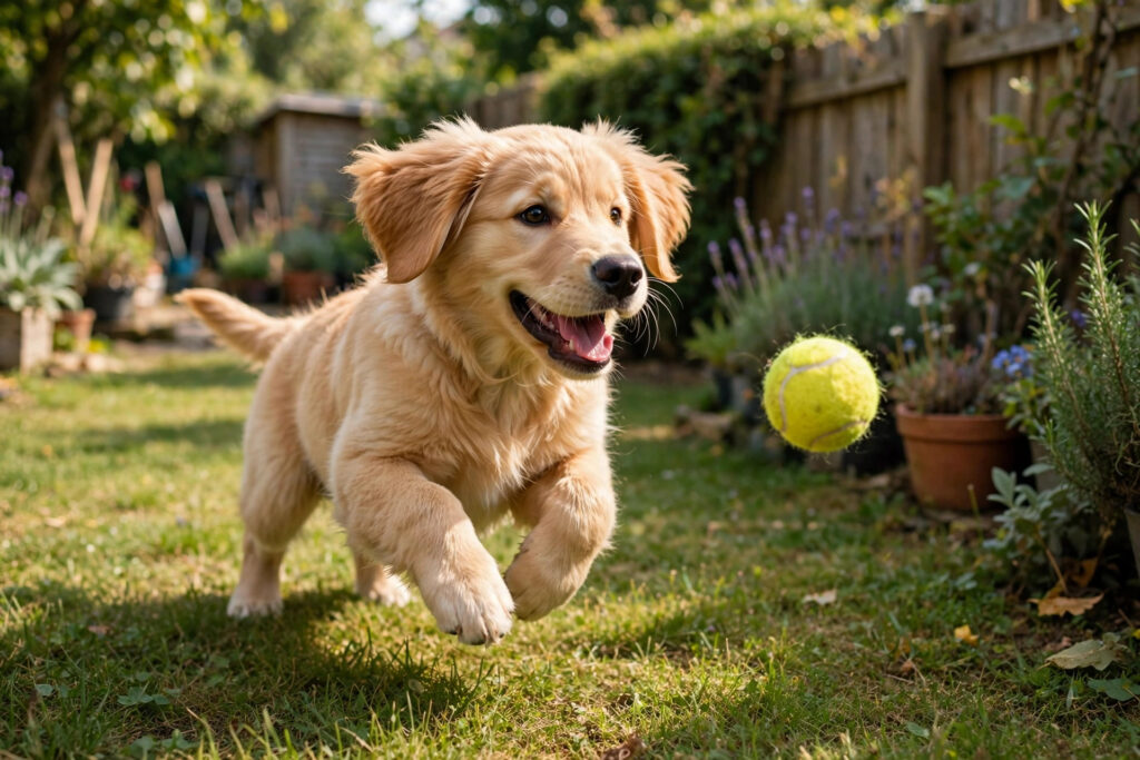 Happy golden retriever puppy playing with a ball in a sunny backyard