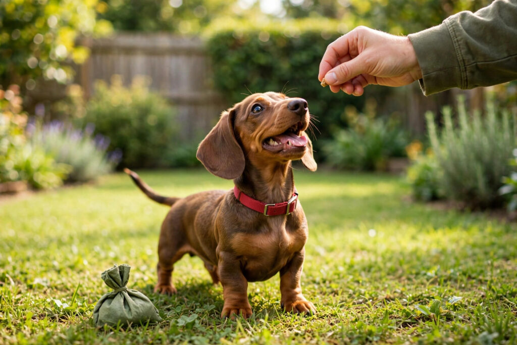 Puppy getting a treat reward after pottying outside