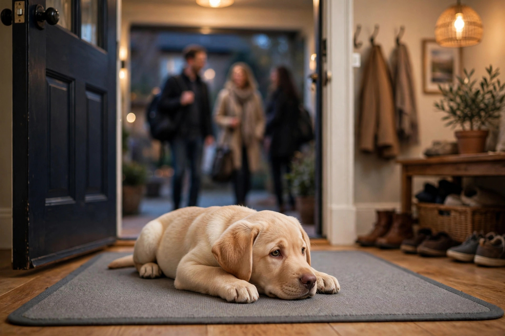 Calm labrador puppy in a down-stay on a mat while guests arrive