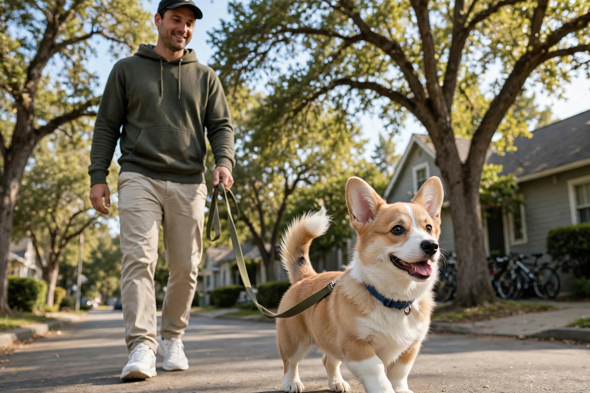 Happy corgi puppy walking confidently on a loose leash