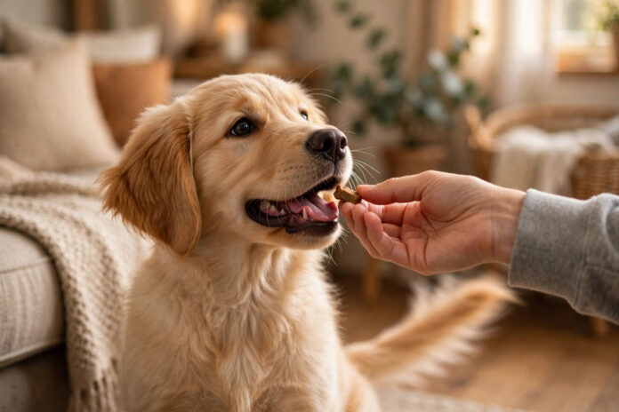 Happy golden retriever puppy receiving a treat reward after successful leave it training