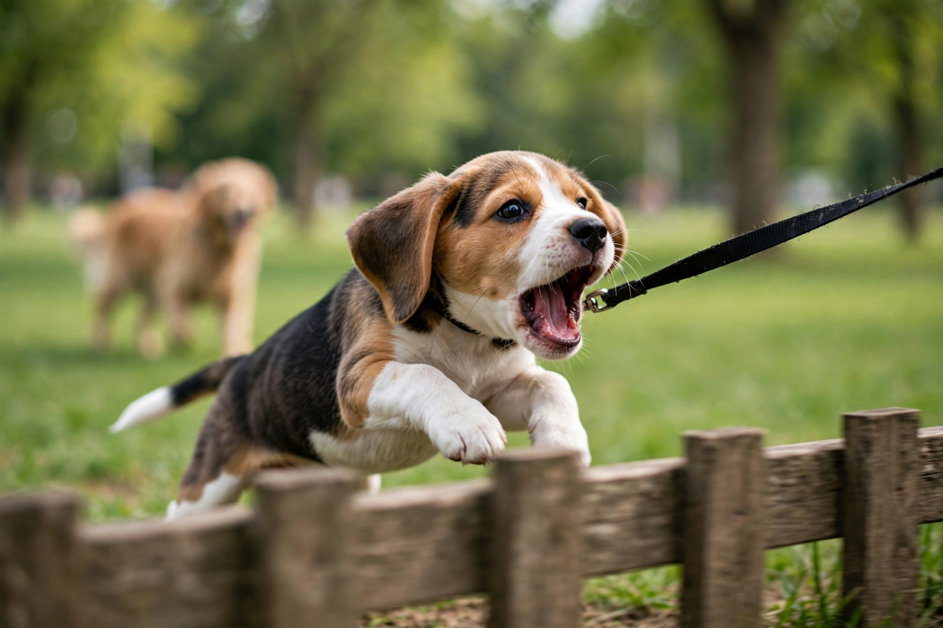 A young puppy on a leash barking and pulling toward another dog visible in the distance on a sidewalk