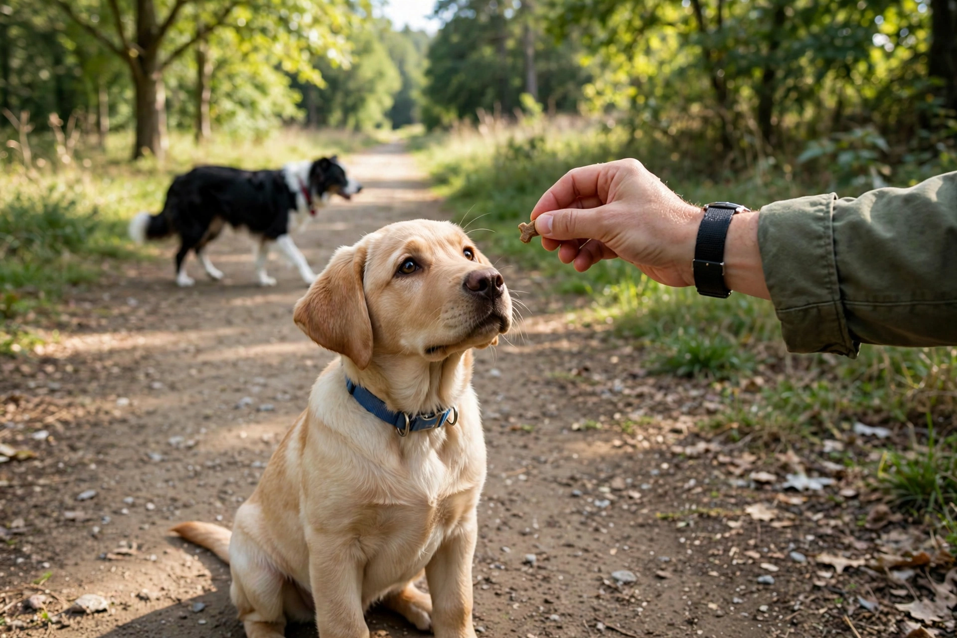An owner giving a treat to a calm puppy sitting at her side while another dog walks by at a distance