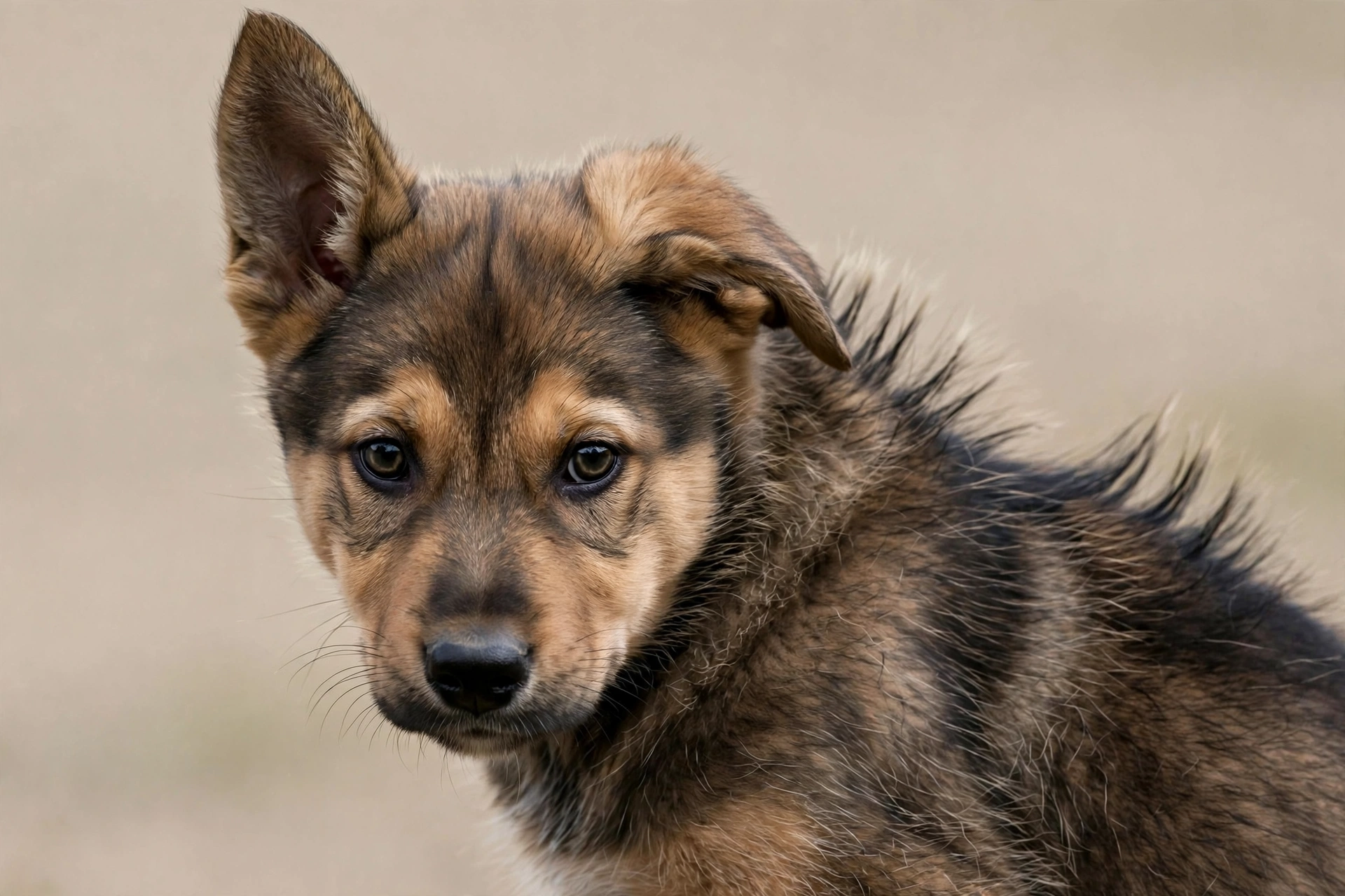 Close-up of a puppy's face and body showing tense body language — ears forward, wide eyes, raised hackles — while on leash