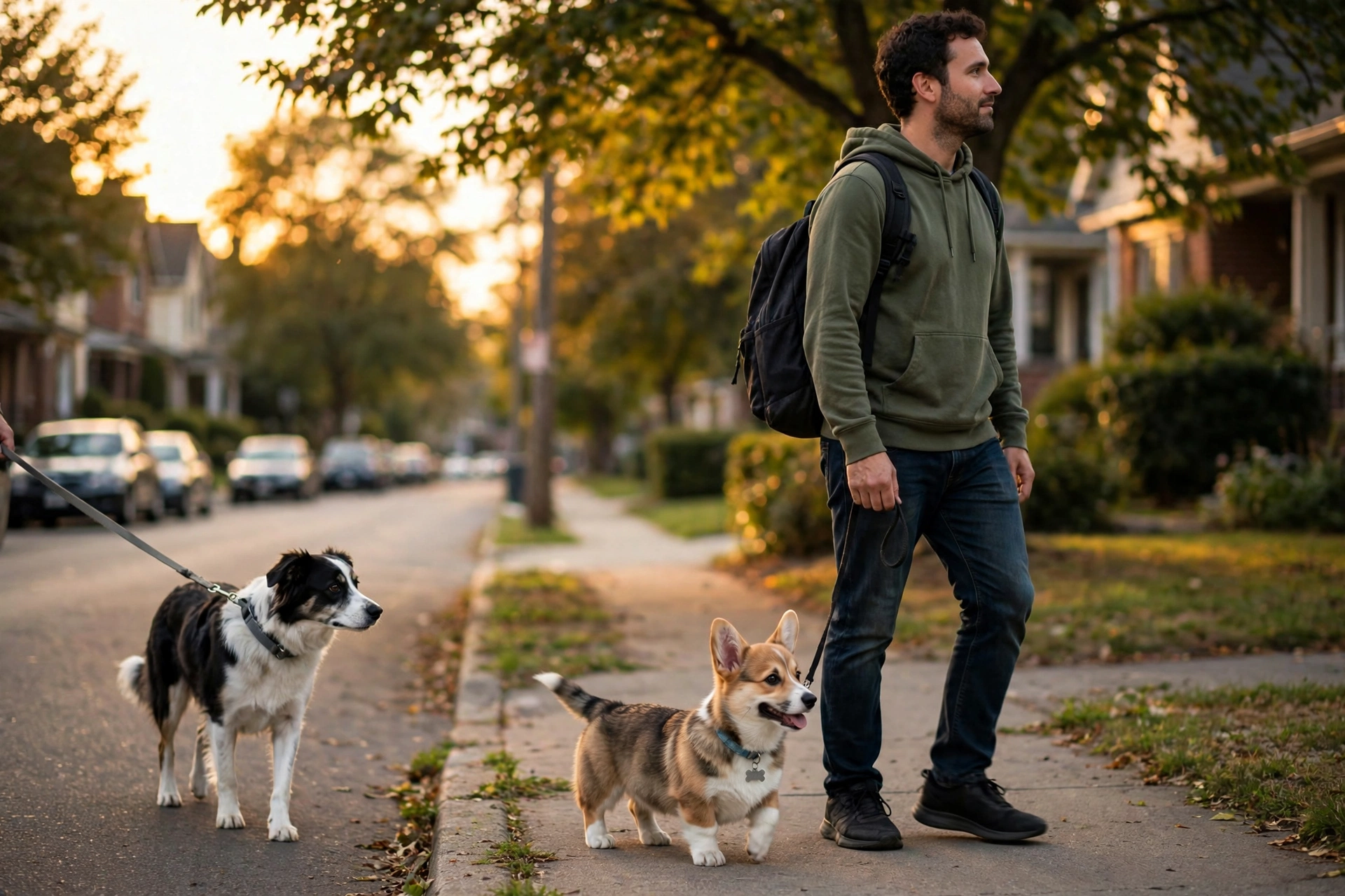 A puppy walking calmly on a loose leash beside its owner, passing another dog at a comfortable distance on a quiet street