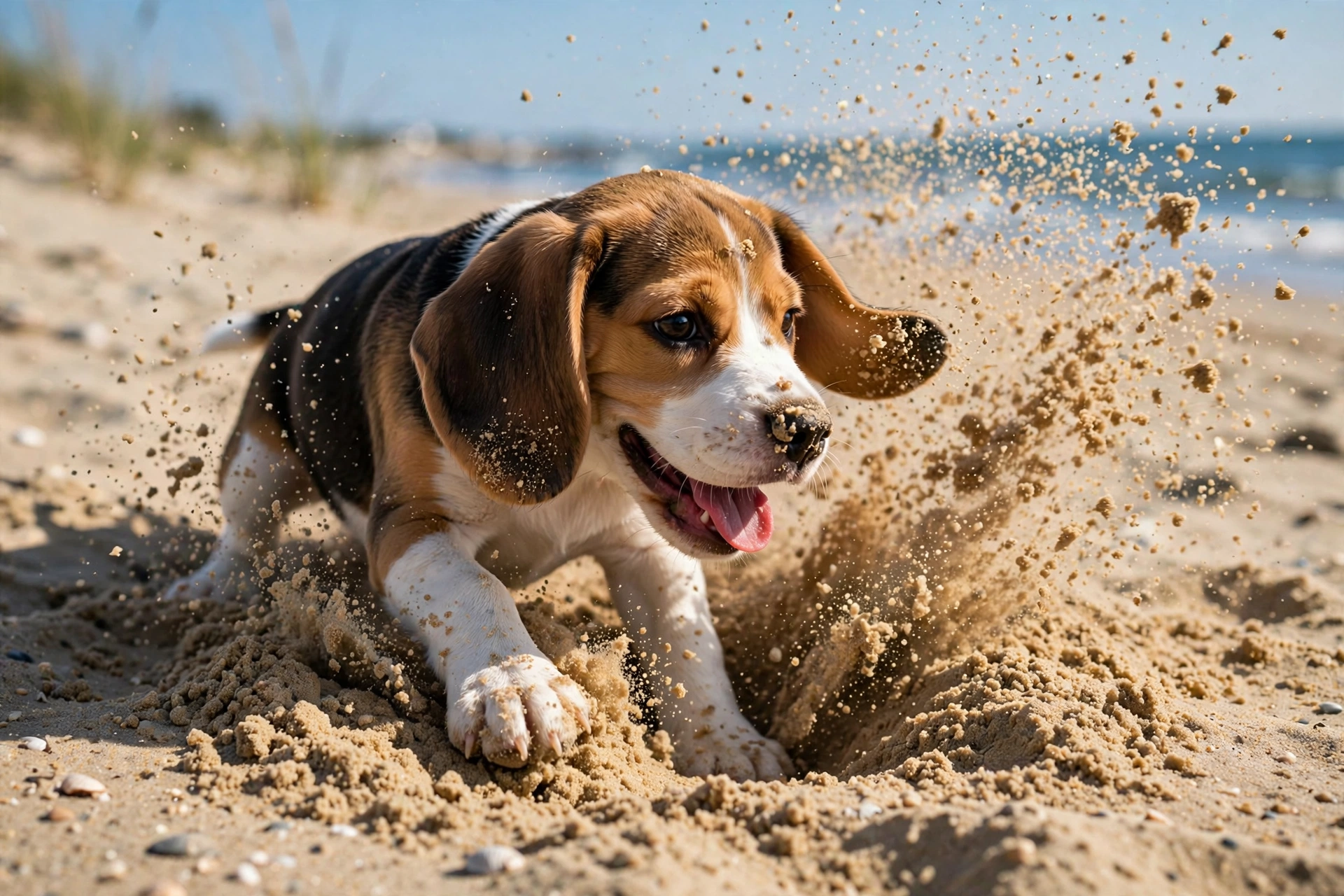 A beagle puppy digging happily in sand at the beach