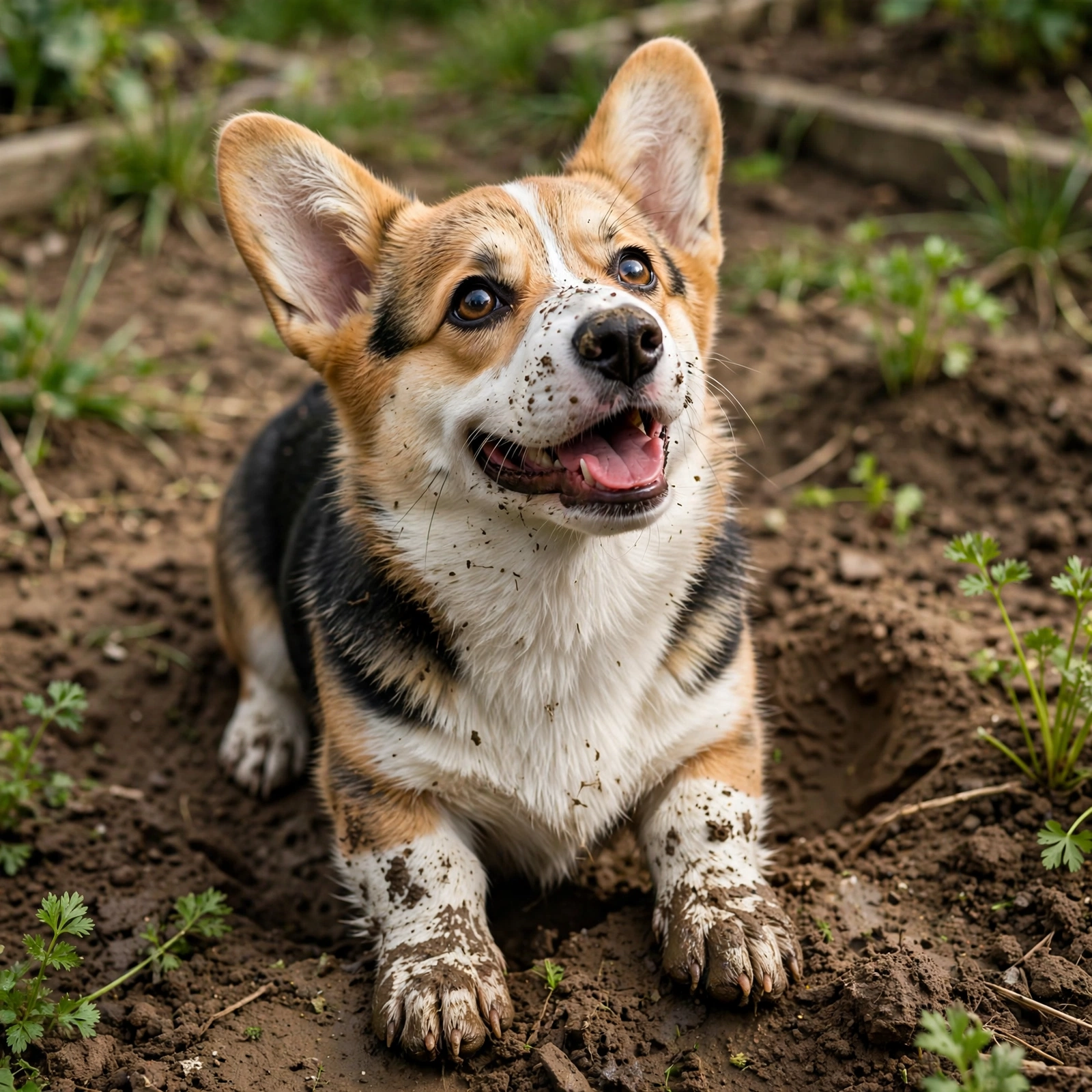 A muddy-pawed corgi puppy looking up happily at the camera after digging
