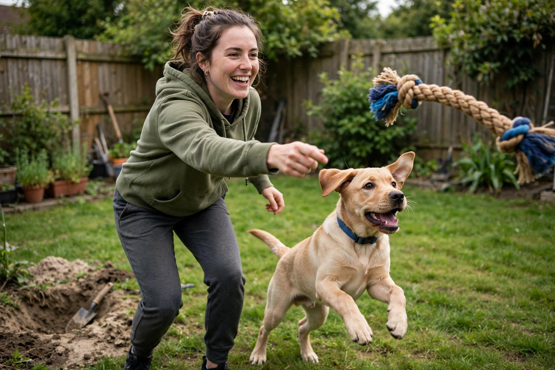 An owner redirecting a labrador puppy's energy with a game of fetch in the backyard