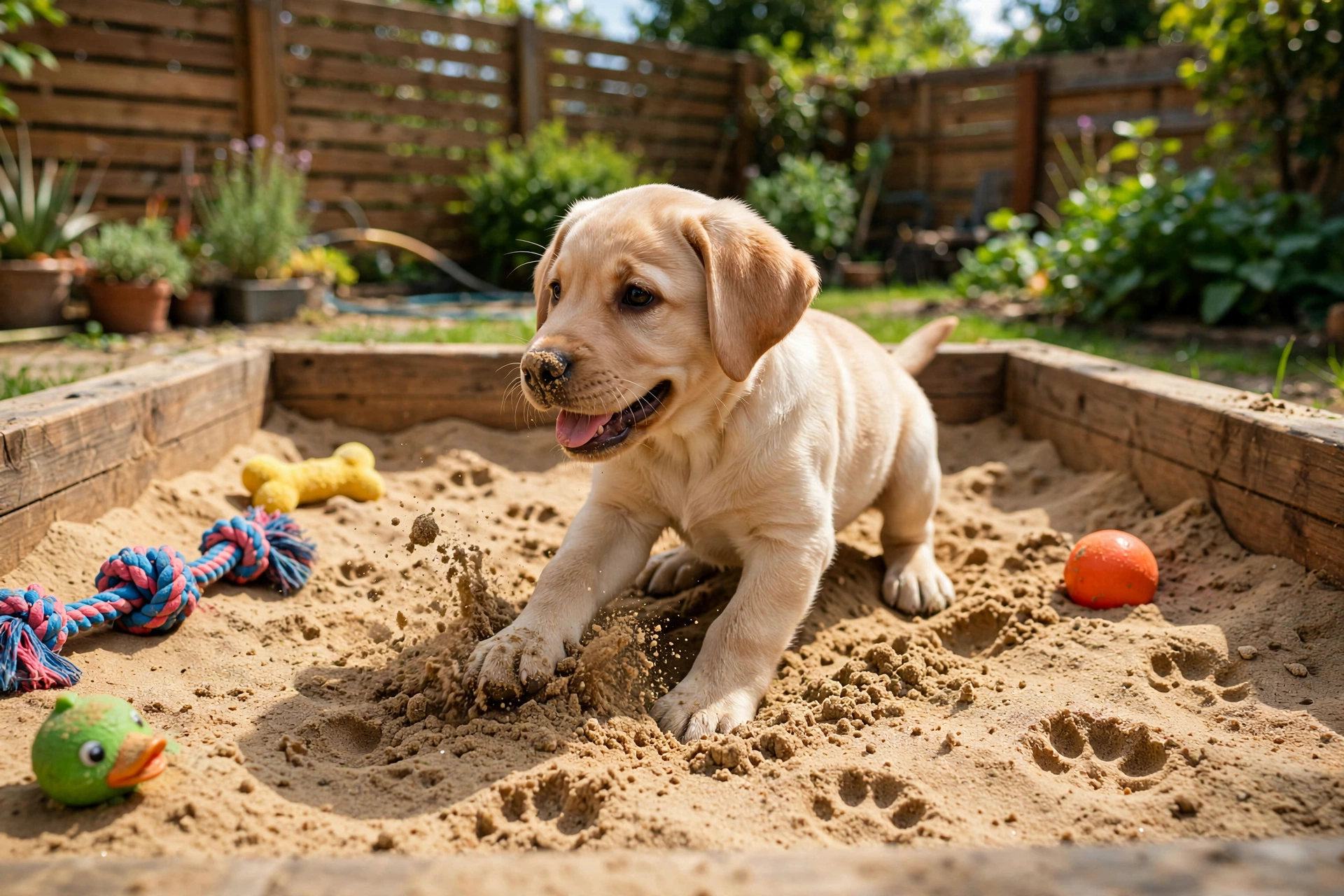 A happy labrador puppy digging in a designated sandbox dig pit with buried toys