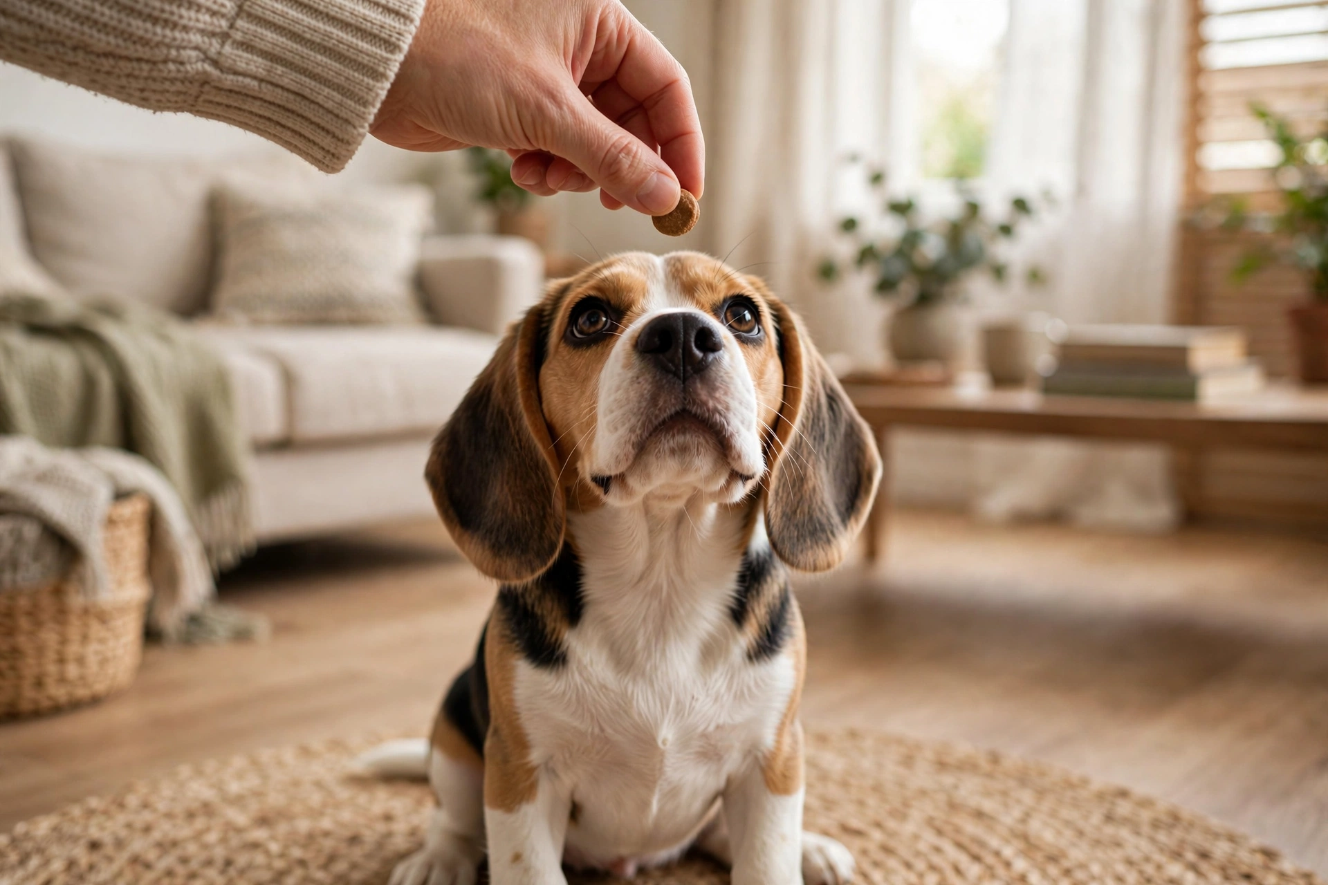 Owner holding a treat above a sitting beagle puppy's nose to teach the sit trick