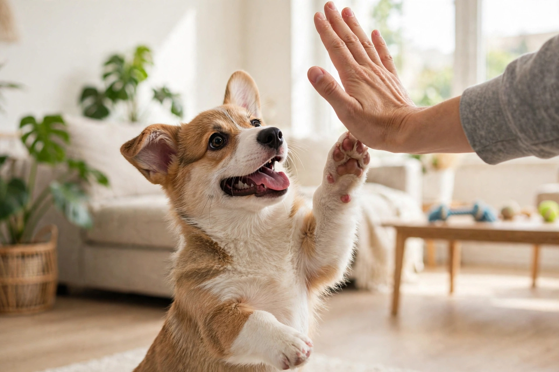 Excited corgi puppy giving a high five to its trainer's raised hand