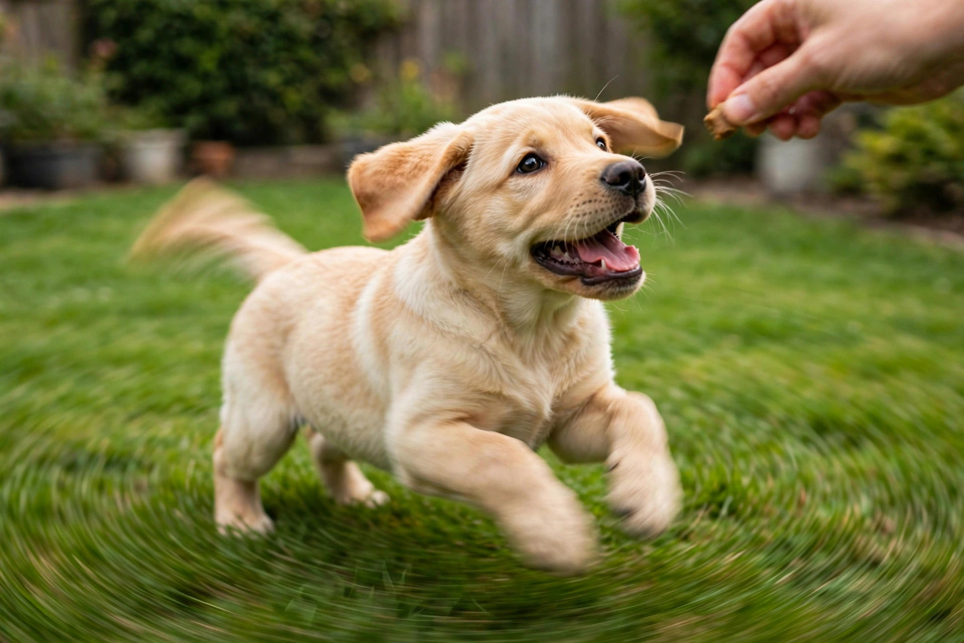 Playful labrador puppy spinning in a circle following a treat lure outdoors on grass