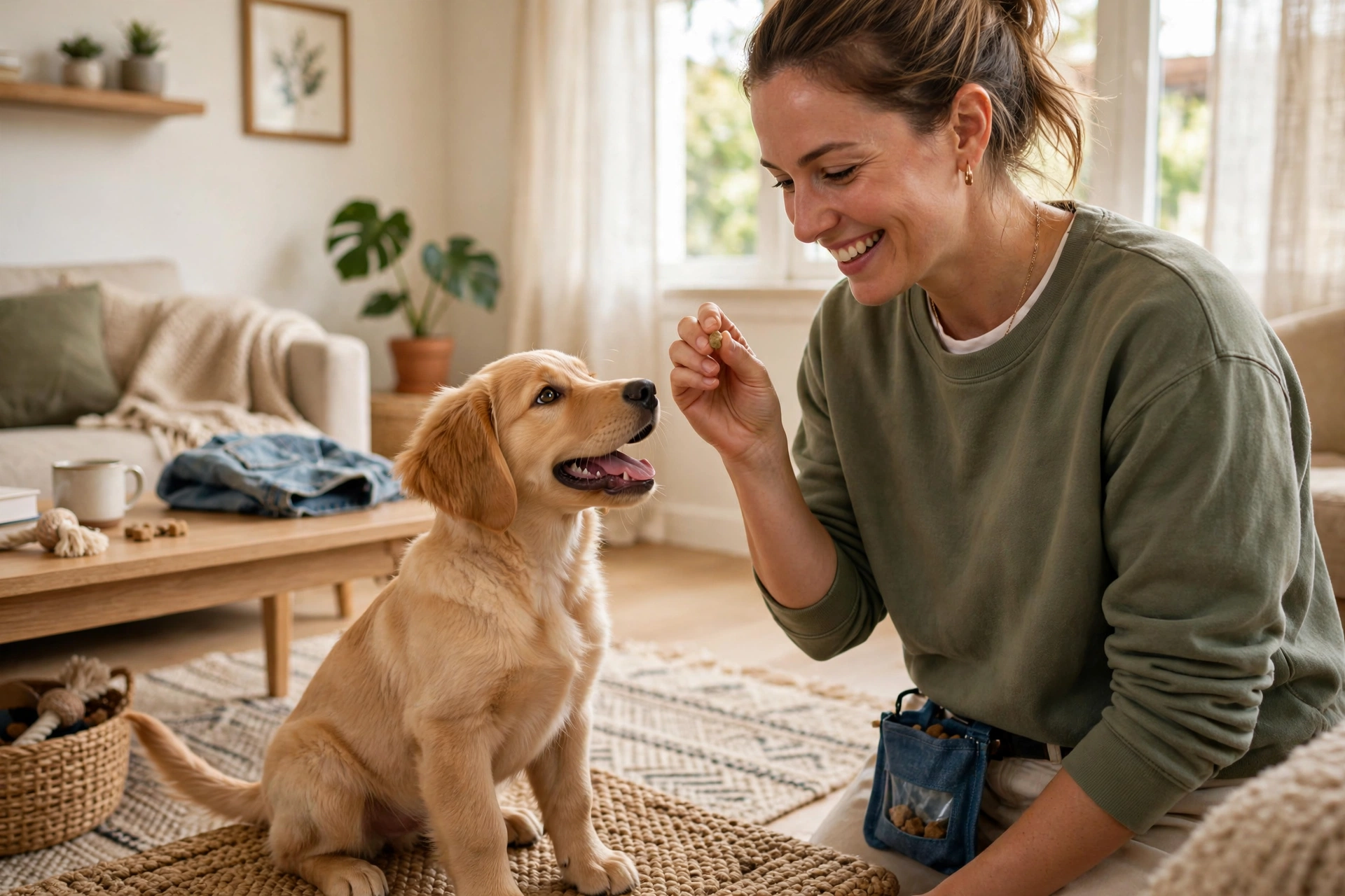 Smiling woman rewarding her puppy with a treat during a short indoor training session