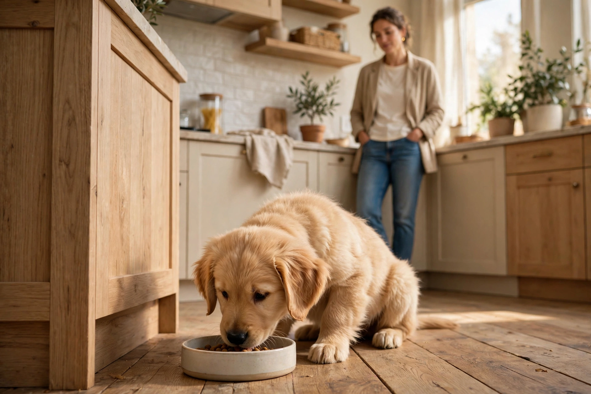 A puppy eating from a food bowl in a quiet corner while the owner stands calmly at a distance