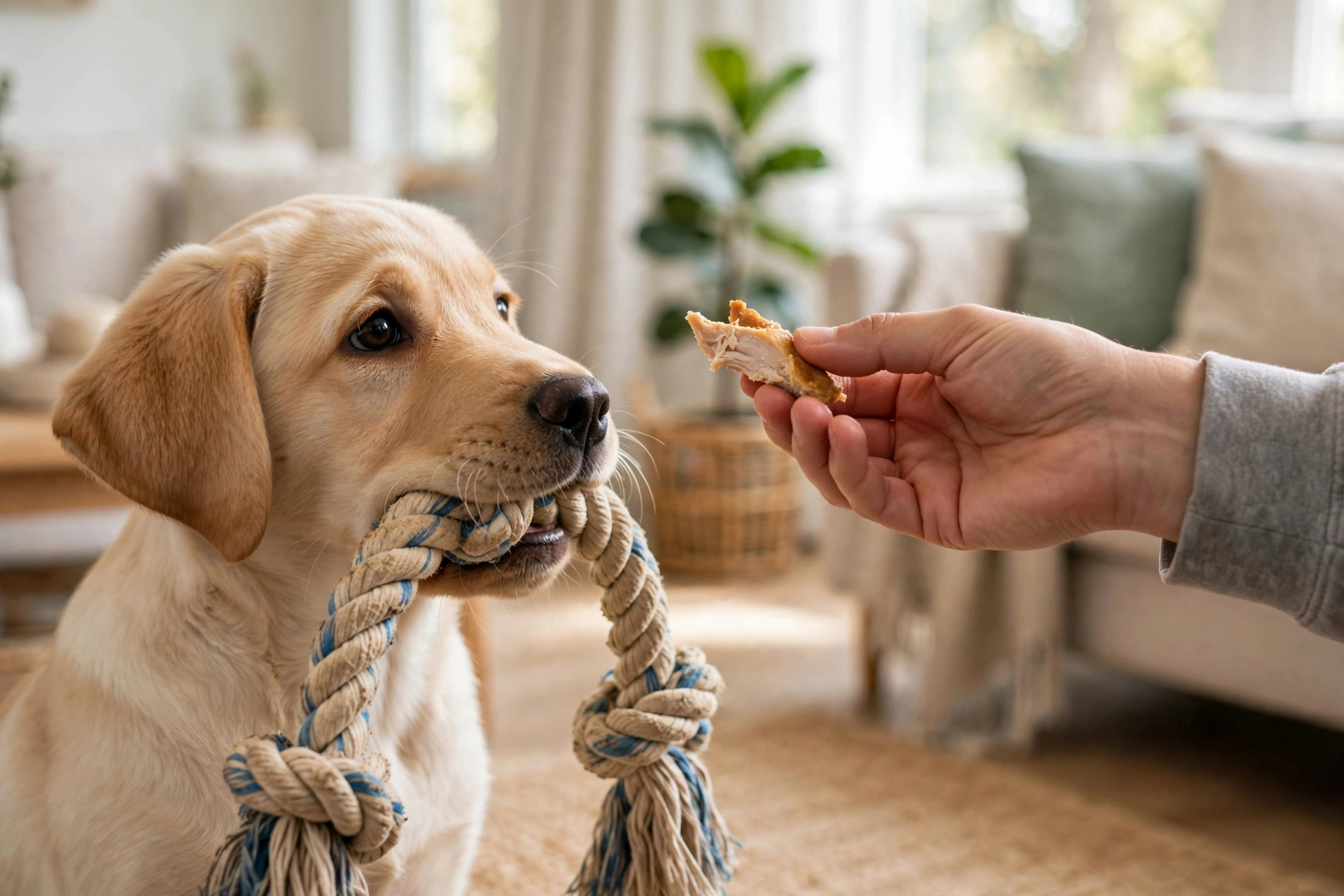 An owner offering a high-value treat to a puppy that is holding a toy, demonstrating the trade-up game