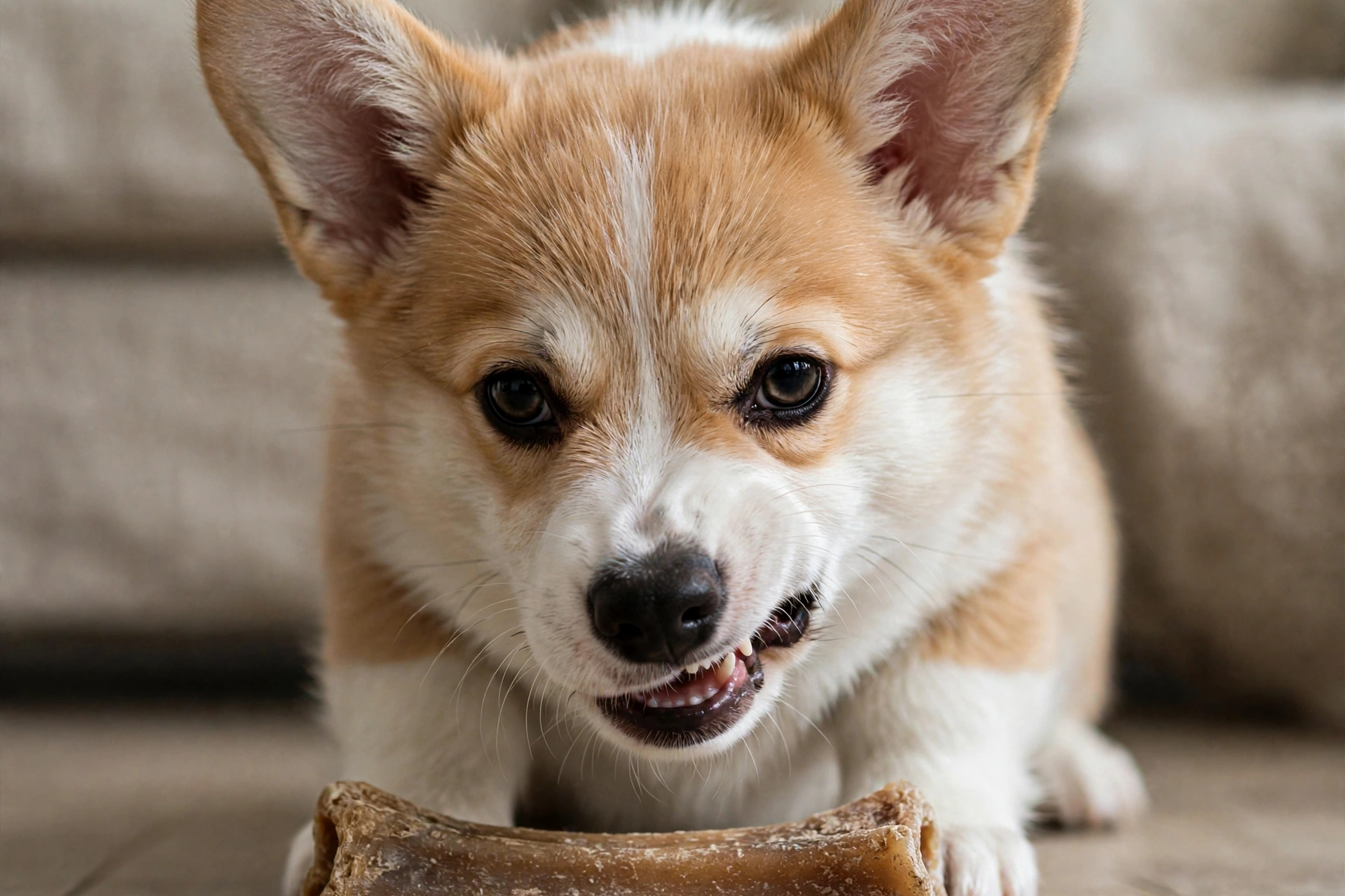 Close-up of a puppy stiffening and freezing over a chew toy, tense body, hard stare, ears forward