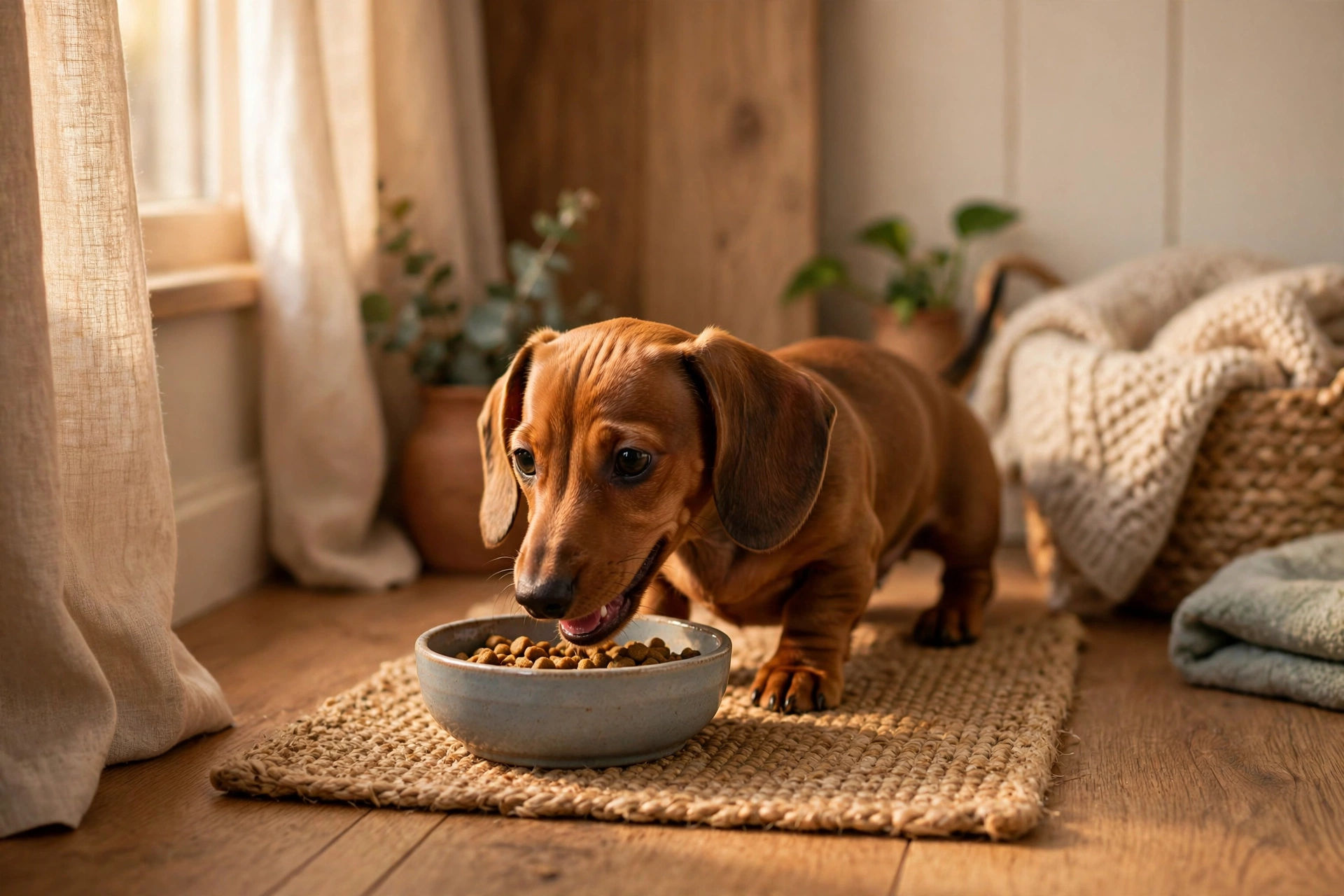 A puppy eating peacefully from a bowl in a quiet corner feeding spot, relaxed body language