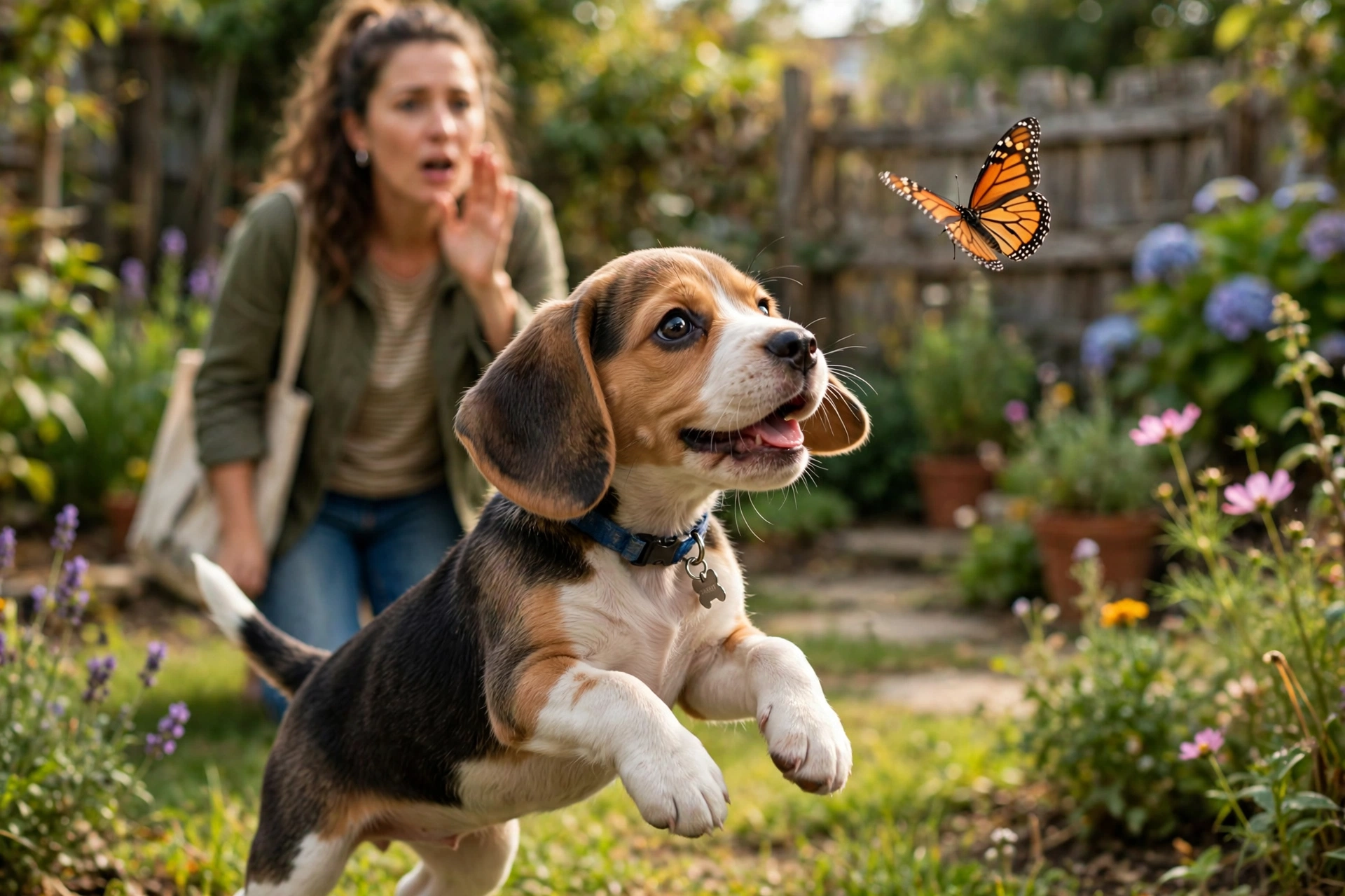 A beagle puppy distracted by a butterfly while its owner tries to get its attention