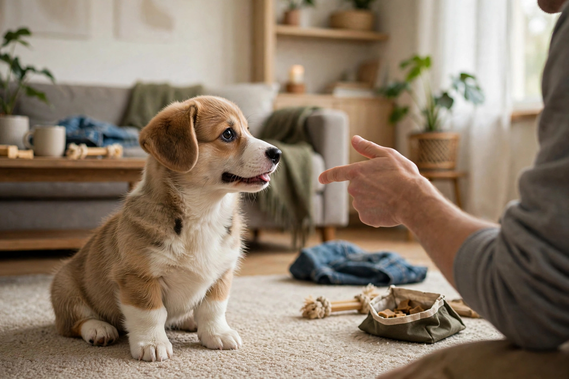 A corgi puppy staring blankly while its owner repeats commands during training