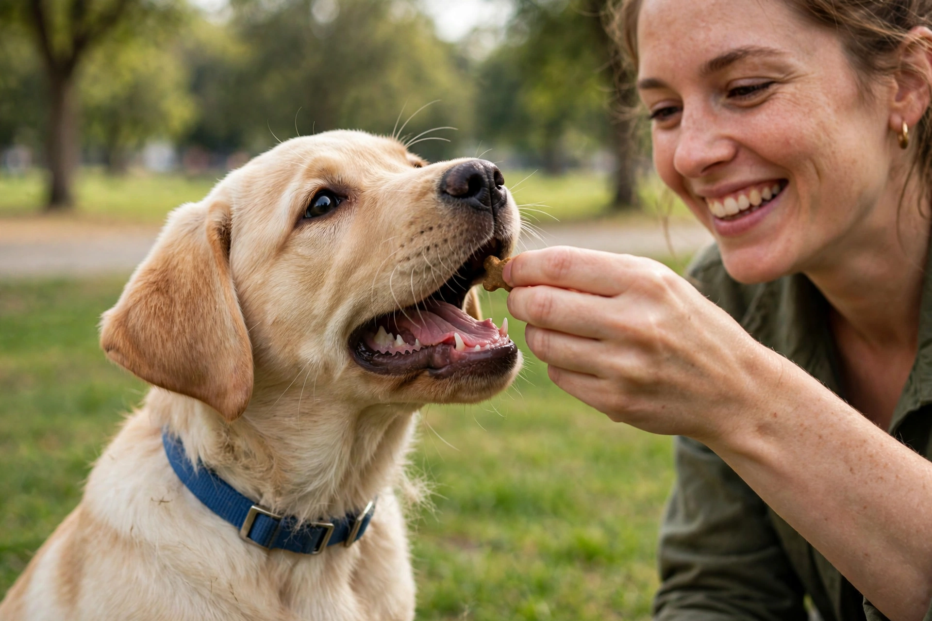 A labrador puppy happily taking a treat reward from its owner for coming when called