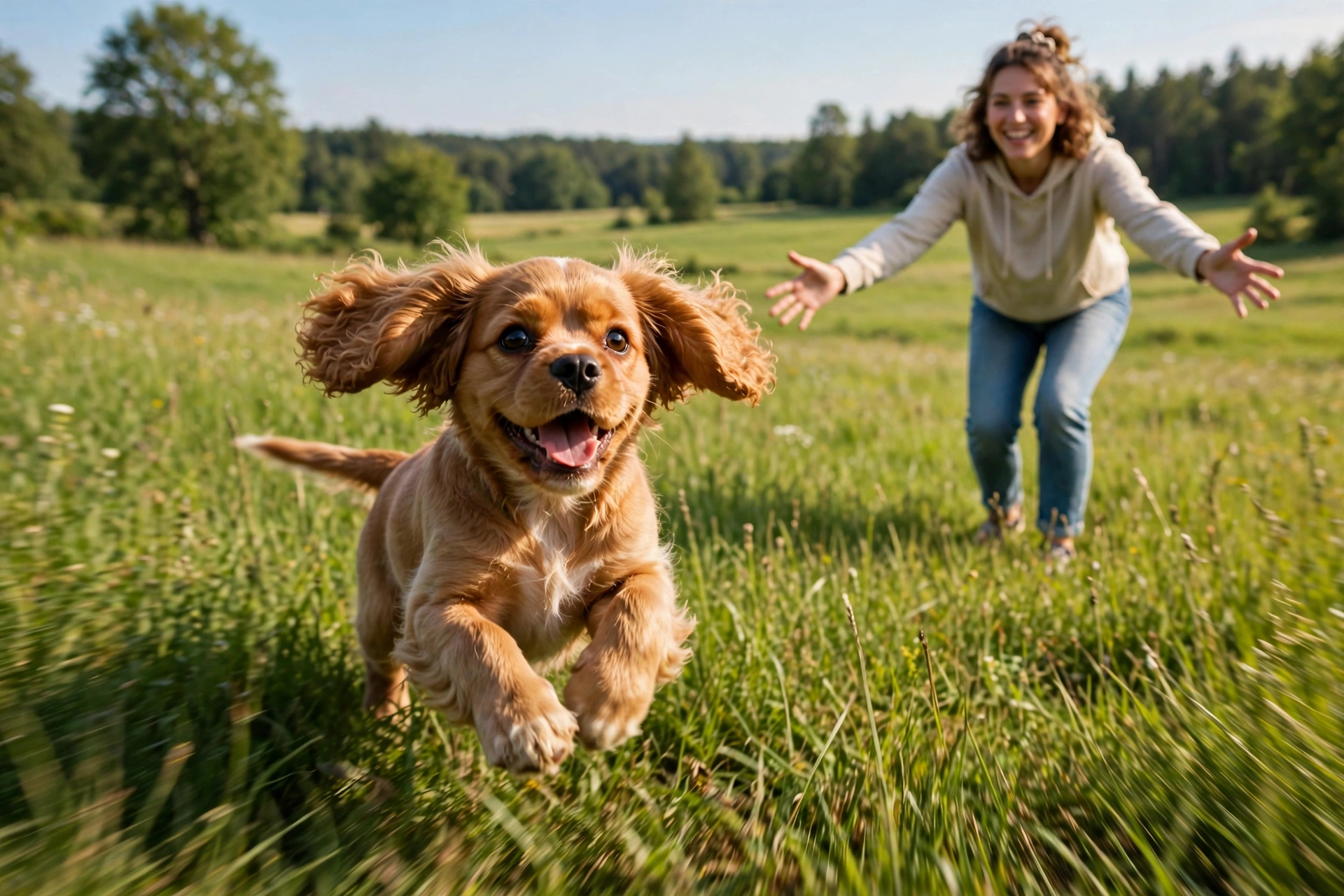 A happy spaniel puppy running joyfully toward its owner in a sunny field